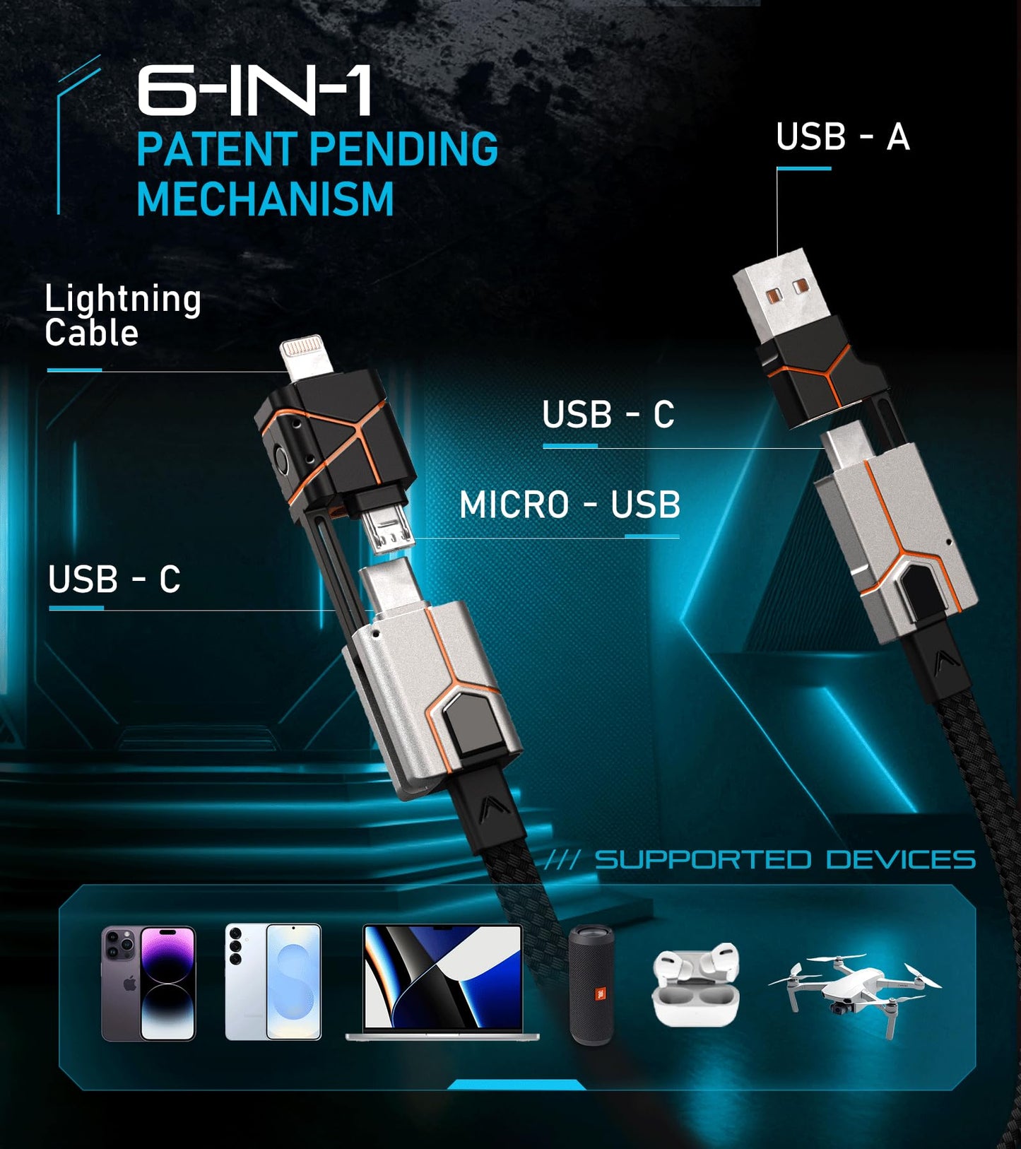 Futurizta Tech® Zeus-X Go 6 in 1 Keychain Universal Cable 240W 5Gbps USB3.0 USB-C, Lightning, Micro-USB, USB-A Fastest Keychain Cable Zinc Alloy Ultra