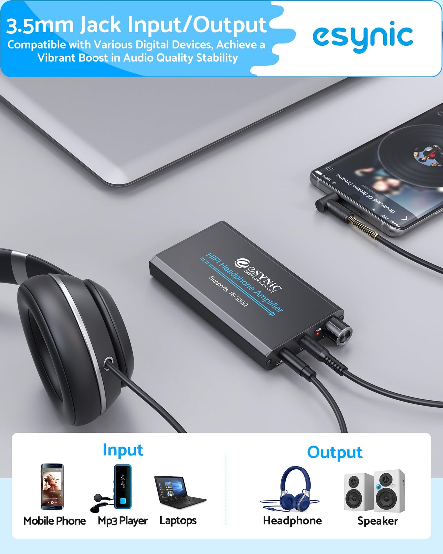 eSynic Portable Headphone Amp for High Impedance (16-300?)-1000mAh Battery Rechargeable HiFi Earphone Amplifier with 3.5mm AUX-2 Gain Levels- for Old