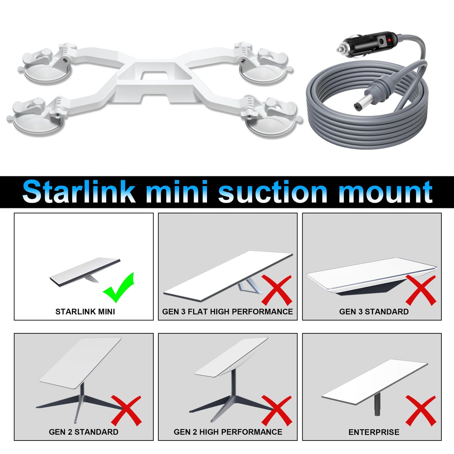 Starlink Mini Mount,Adjustable Starlink Mini Suction Cup Mount with 3M Car Charger Cable,Starlink Mini Car Mounting Kit(White)