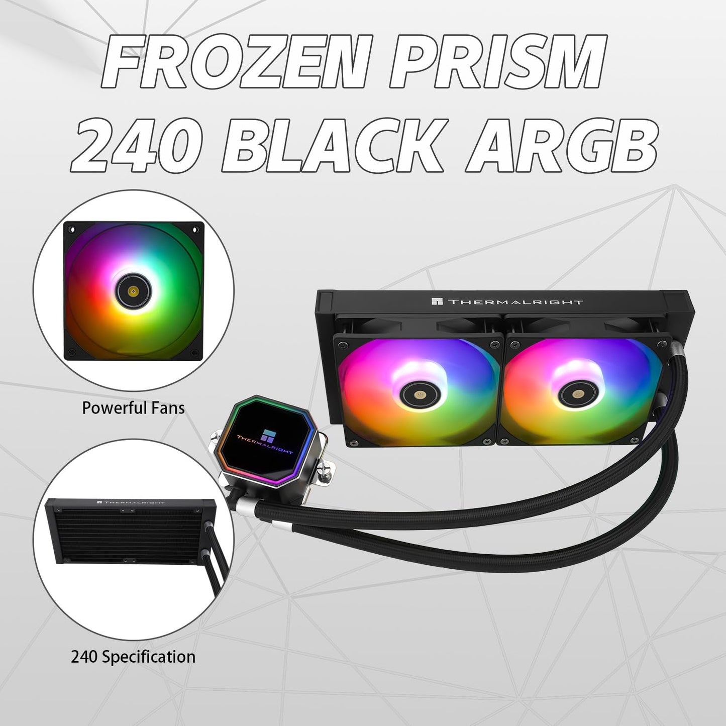 Thermalrlght Frozen Prism240 Black ARGB CPU Liquid Cooler,Efficient PWM Controlled Pump 3300RPM,2×TL-E12 Series PWM Fan,Water Cooling Computer