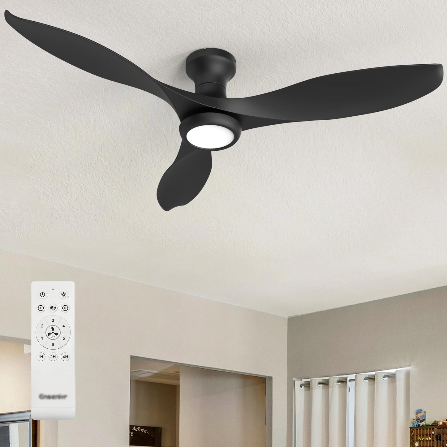 Ensenior 52 Inch Flush Mount Ceiling Fans with Lights and Remote, Black