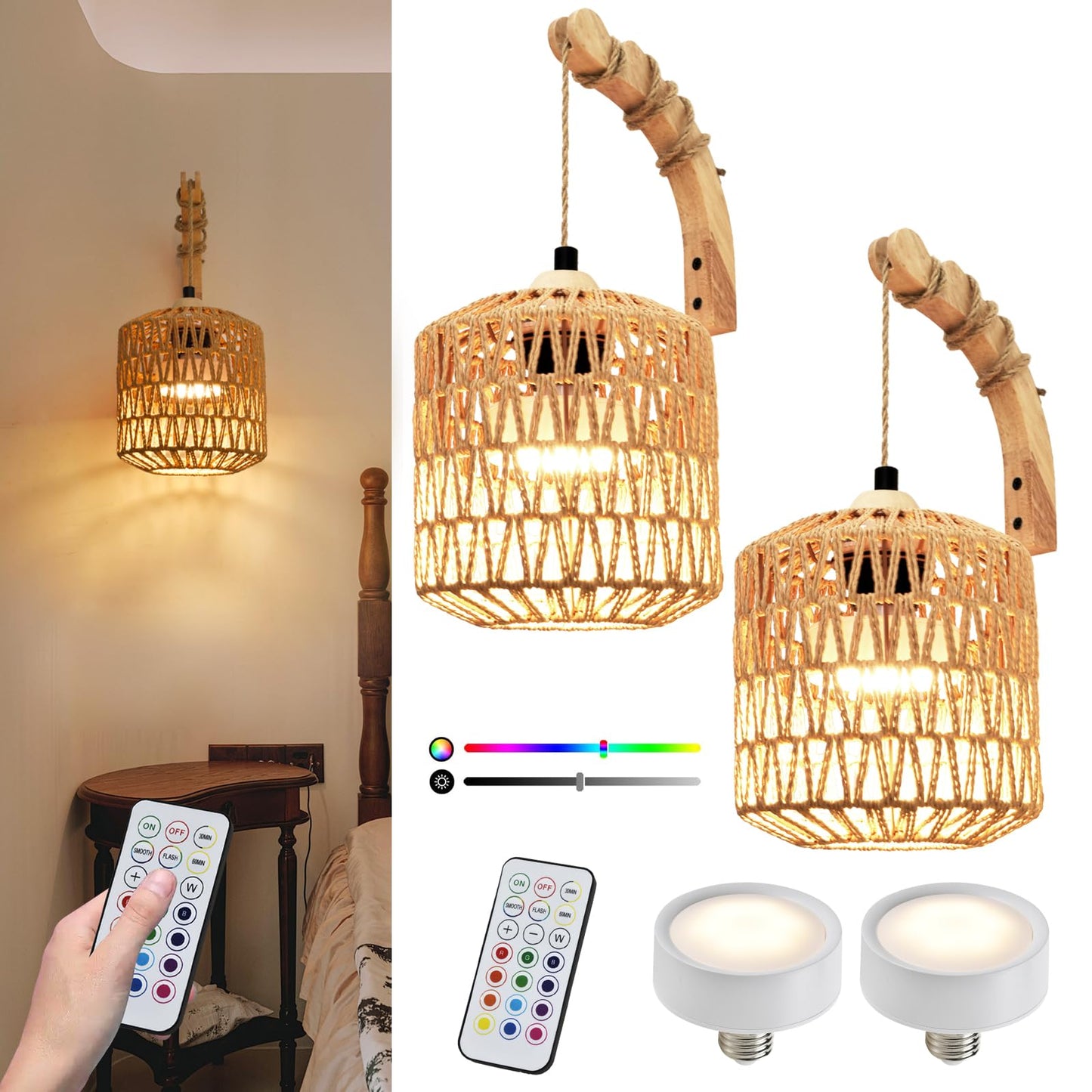 NOVCAND Boho Battery Operated Wall Sconce Set of Two, Rattan Cordless Wall Lamp with Remote,Wireless Sconces Set of 2 for Bedroom,Living Room,Entryway
