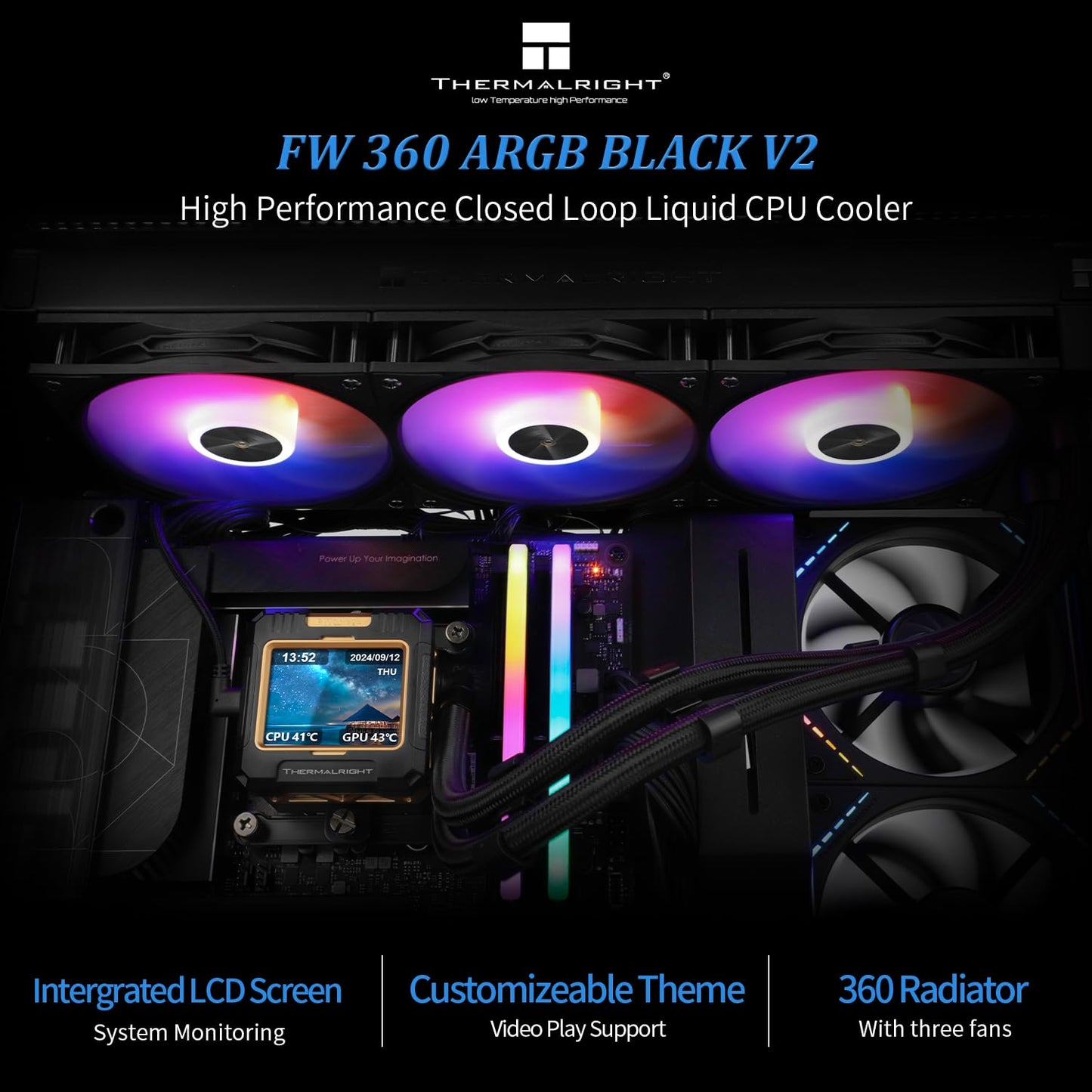 Thermalrlght FW360 Black ARGB CPU Water Cooler with 3 PWM Fans with 2000RPM,IPS LCD Screen with 320 * 240 Resolution,Liquid CPU Cooler,CPU PC Aio