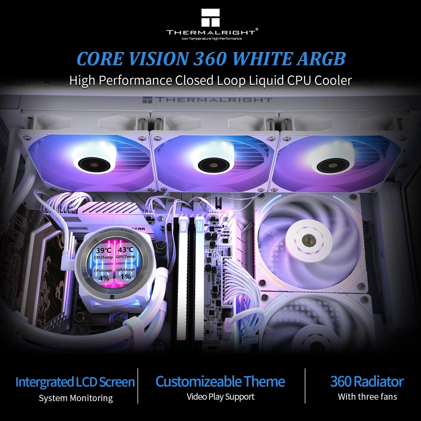 Thermalright CORE Vision 360 White ARGB CPU Water Cooler with PWM Fan, 2000RPM Speeds,IPS LCD Screen with 480 * 480 Resolution,Liquid CPU Cooler,for