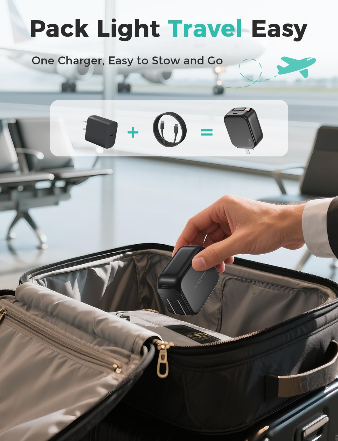 2-in-1 Retractable Wall Charger Plug with USB C Port and 27in/70cm Type C Cable,Travel Essentials 30W Fast Charging Foldable Block for iPhone