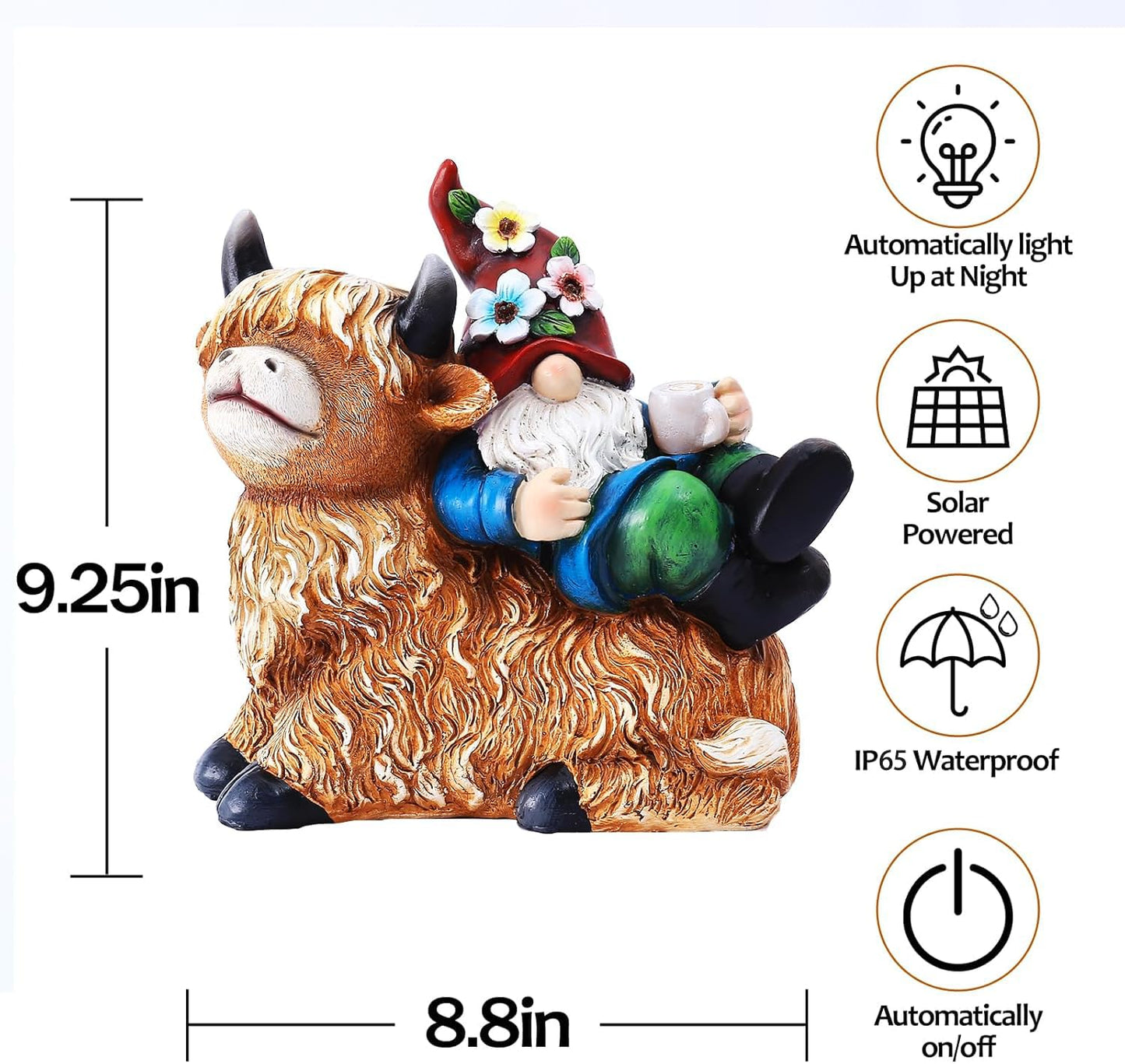Pohabery Garden Gnomes Decor Outdoor Statues Gnome on Highland Cow Hold Solar Cup Light Outdoor Decorations for Patio,Yard and Gift for Mom?L