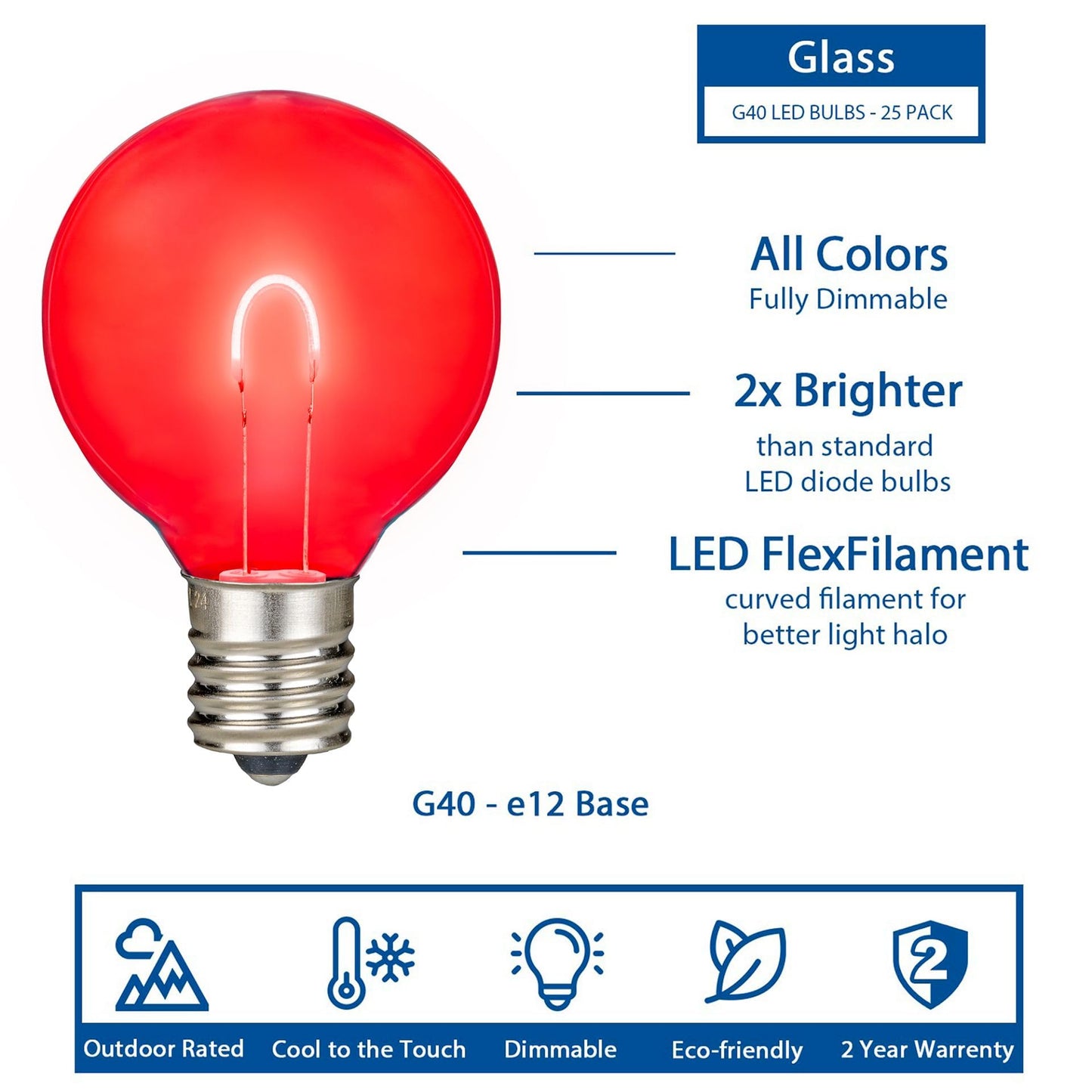 Novelty Lights 25 Pack G40 LED Glass Filament Outdoor Patio Globe Bulbs