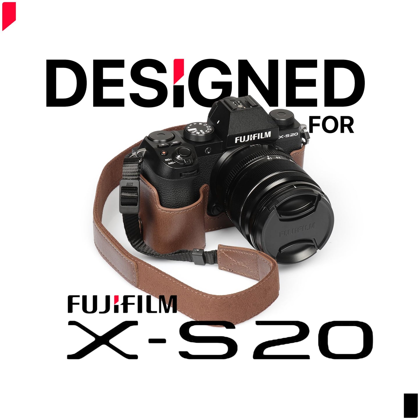 MegaGear Genuine Leather Half Camera Case for Fujifilm X-S20 - Stylish and Protective Digital Photography Bag - Brown