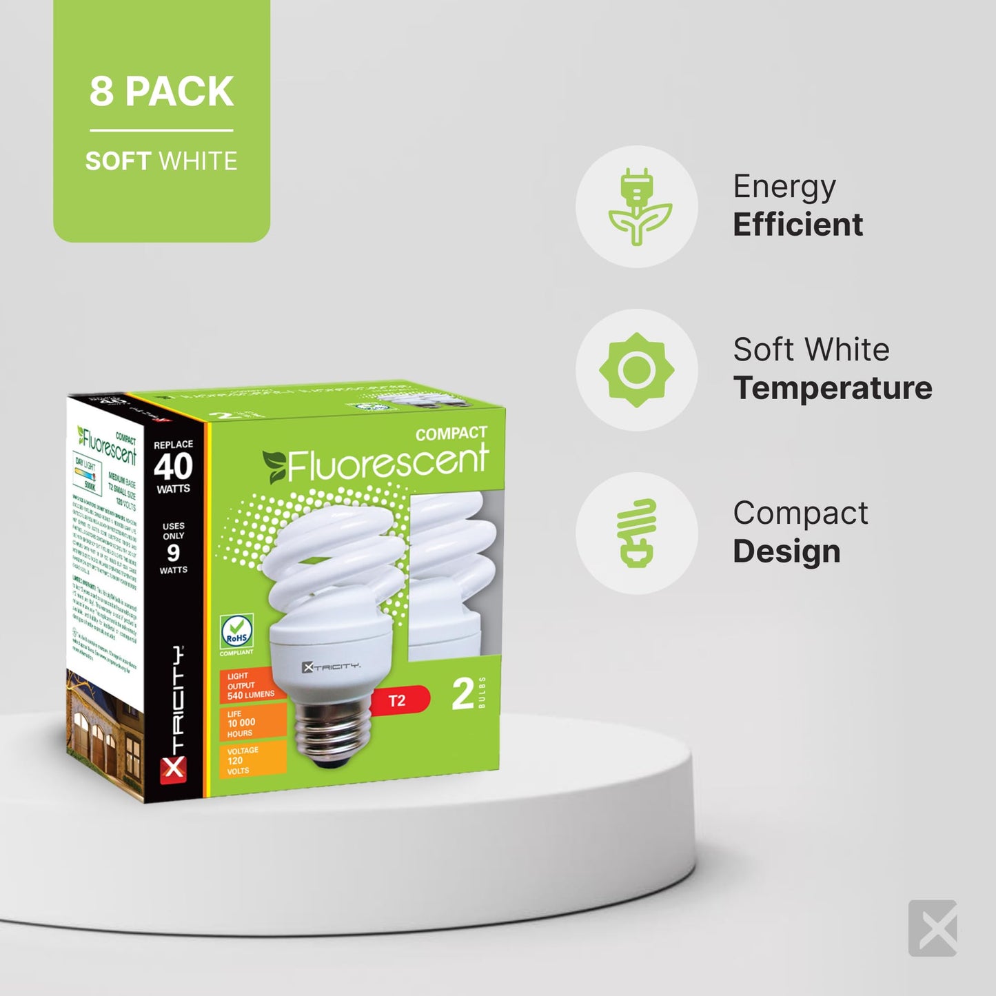 Xtricity Compact Fluorescent Light Bulb T2 Spiral, E26 Base (8 Pack)