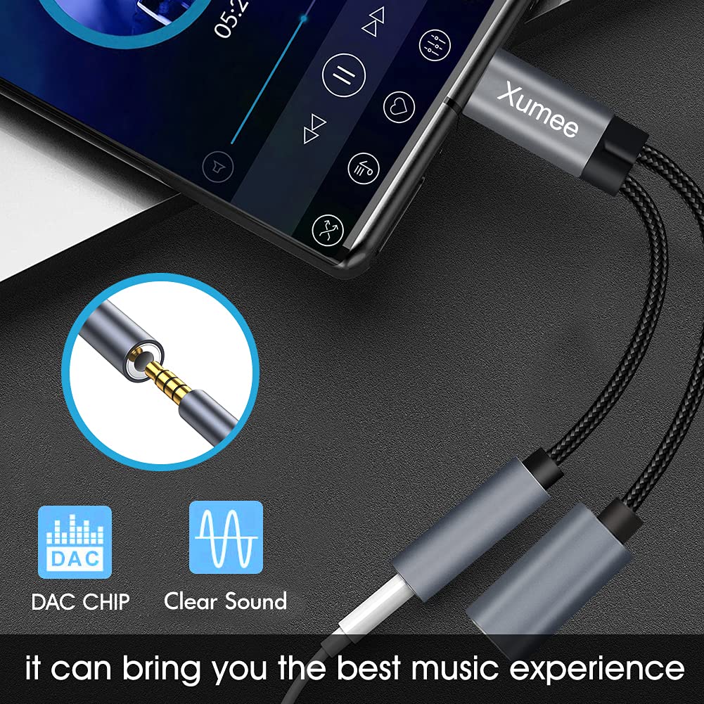 Xumee USB Type C to 3.5mm Headphone and Charger Adapter, 2-in-1 USB C to Aux Audio Jack Hi-Res DAC and Fast Charging Dongle Cable Compatible