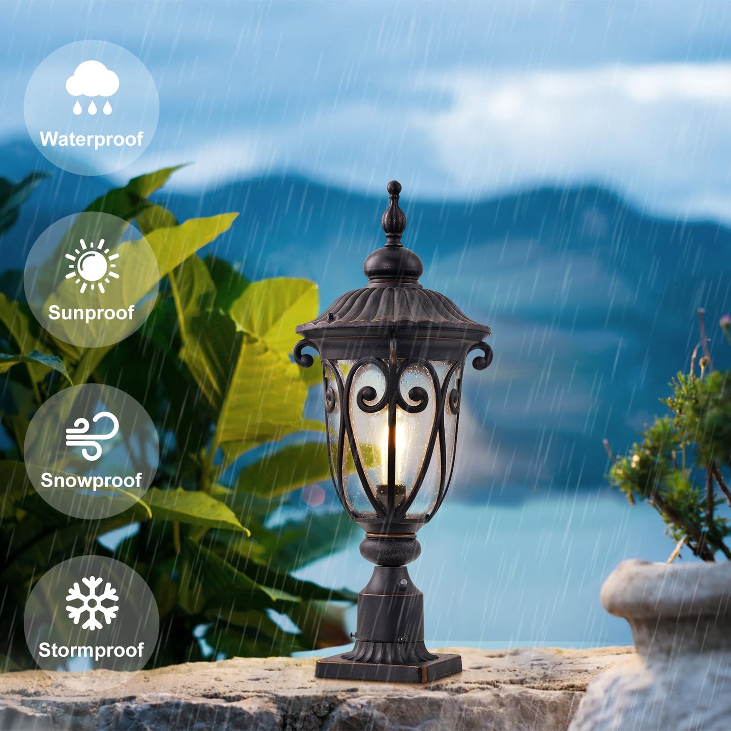 GOALPLUS 24 Inch High Outdoor Post Light Fixture with Dusk to Dawn Sensor, Bronze Post Lantern with Pier Mount, Exterior Pole Lighting with Seeded