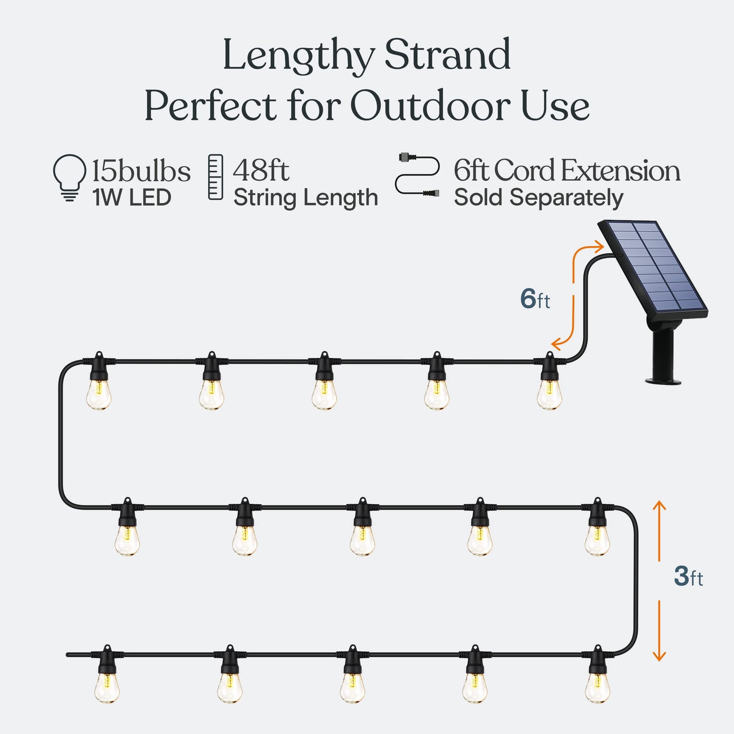 Brightech Ambience Pro Solar Powered Outdoor String Lights, 48 ft Commercial Grade Waterproof Patio Lights, 15 Edison Bulbs, Shatterproof LED String