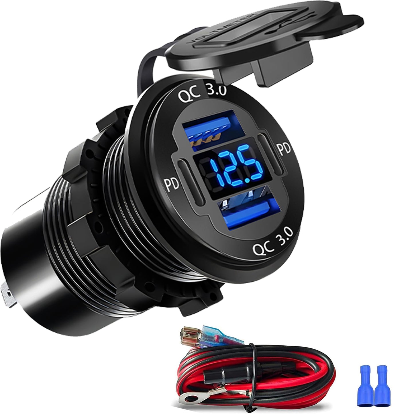 Upgraded 4 Port 12V USB Outlet, 78W Dual PD & QC Aluminum Alloy USB Ports with LED Voltmeter Waterproof for Cars, Cigarette Lighter Replacement 12V