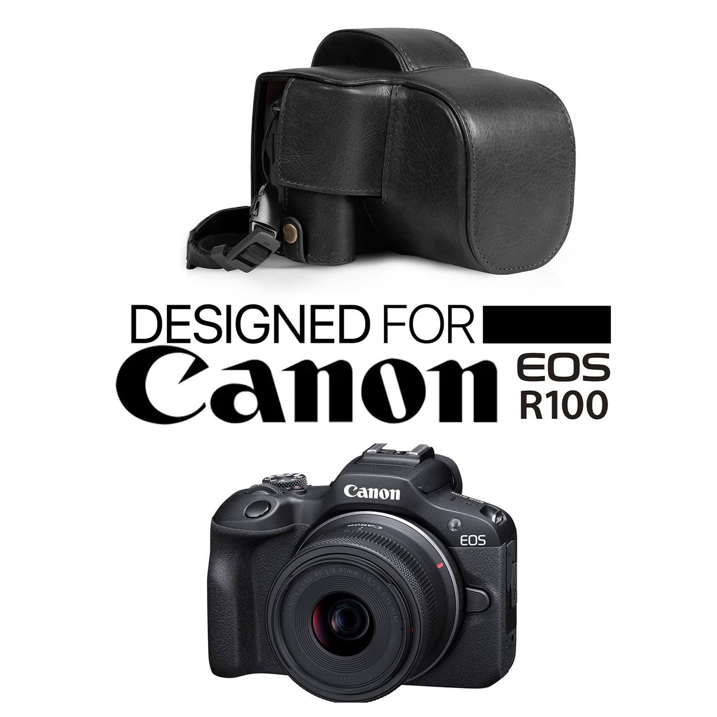 Mega Gear Genuine Leather Camera Case for Canon EOS R100 (18-45mm) - Stylish and Protective - Black