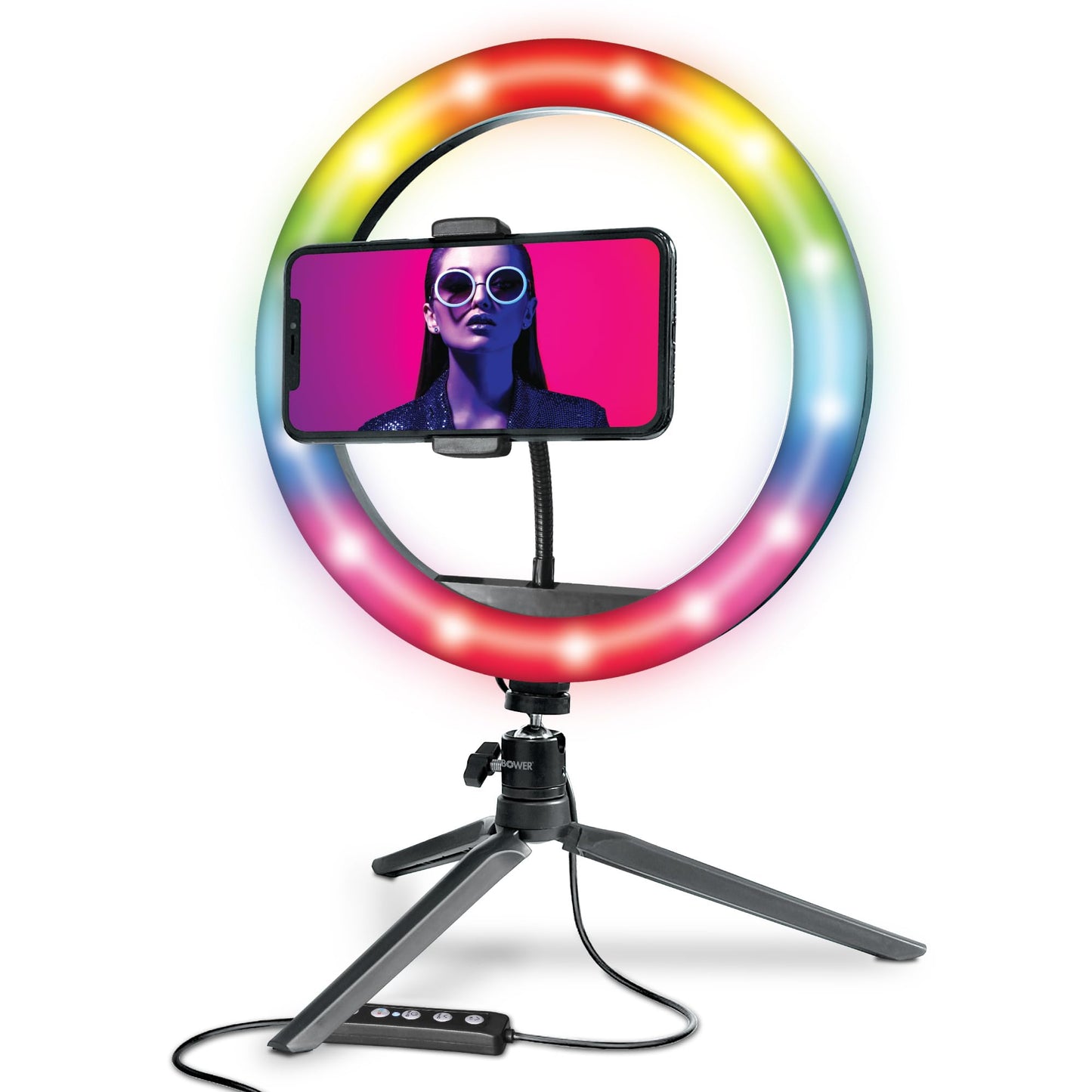 Bower 10 inch RGB Selfie Desktop Ring Light Stand Studio Kit - Ultra Wide Range, 9 Colors, 12 Brightness Levels, Special Effects, Tripod, Phone