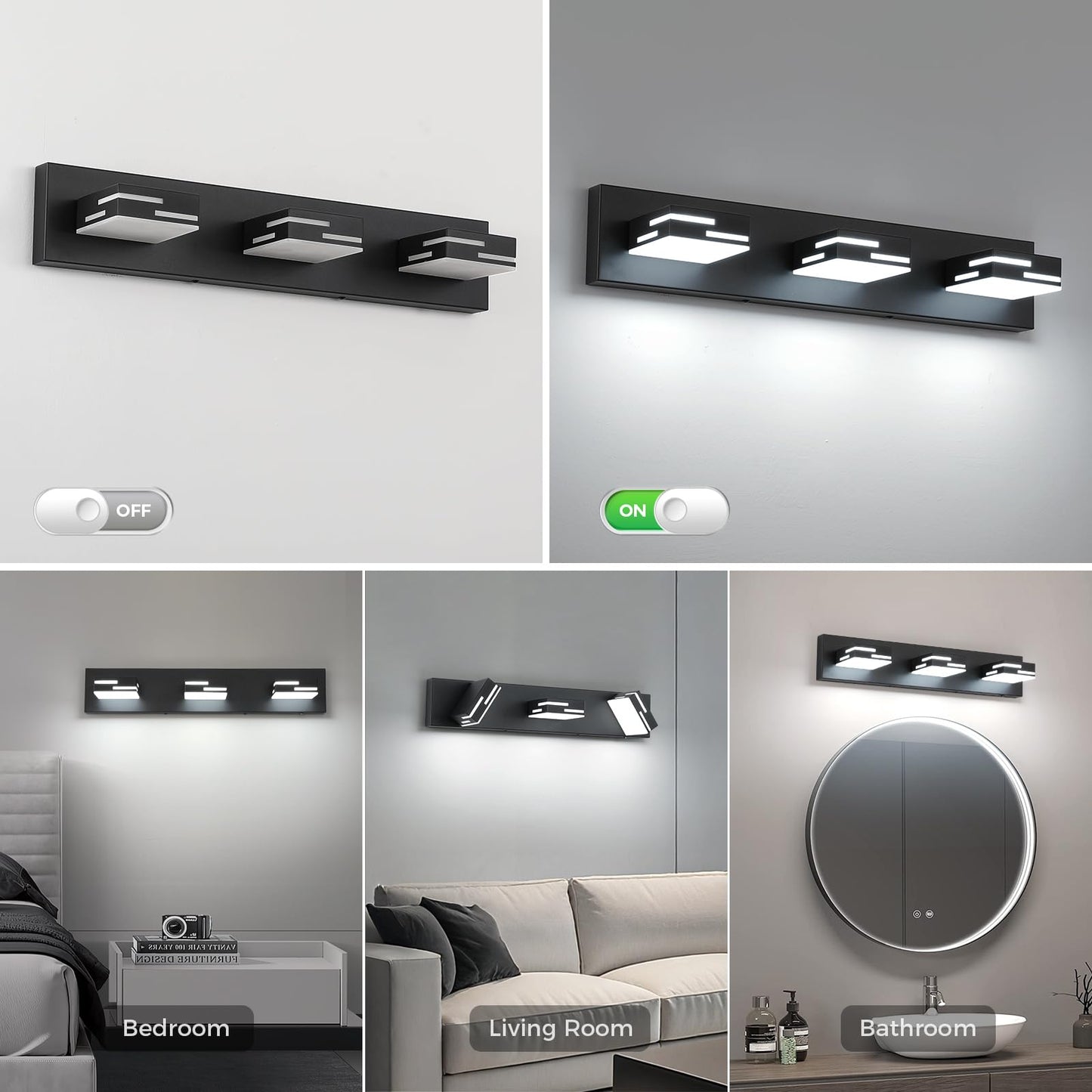 MKBNG 3-Light Modern Bathroom Vanity Light Fixtures, 24-Inch 350° Rotatable LED Vanity Lights Over Mirror, Matte Black Metal Wall Sconce with Acrylic
