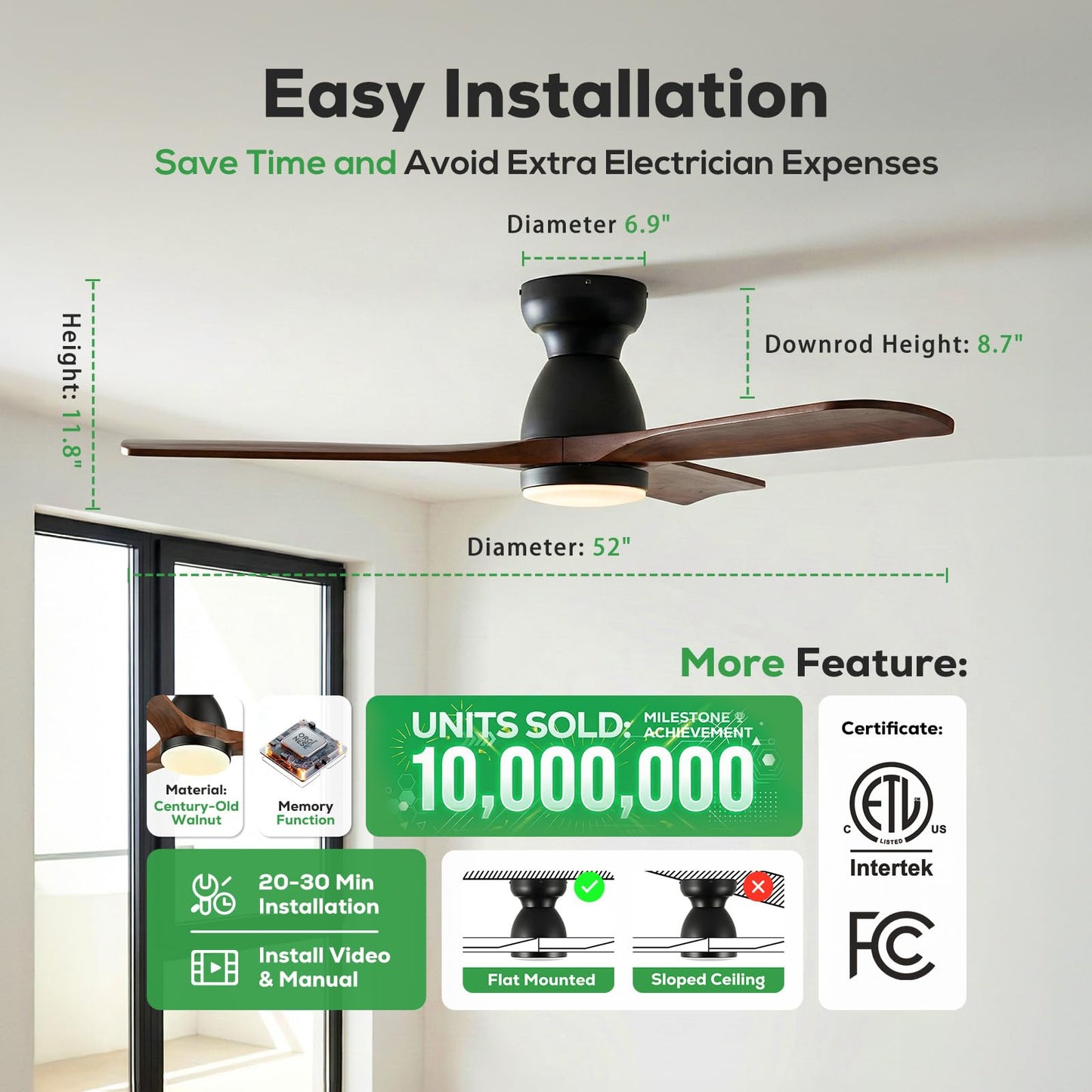 52in Smart Flush Mount Ceiling Fans with Lights,Outdoor Low Profile Wood Ceiling Fan Quiet DC Motor,Work with Alexa/Gg Voice