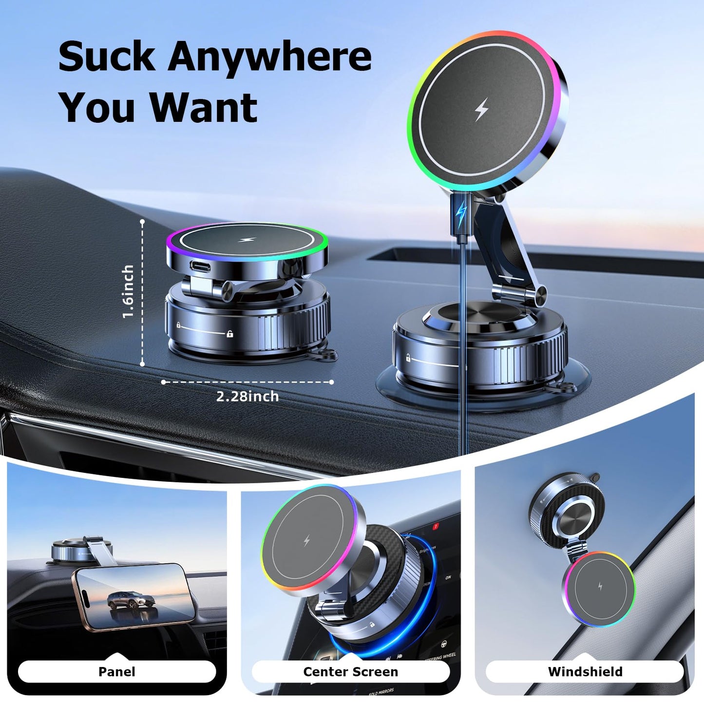 Magsafe Car Mount Charger, 15W Fast Charging Wireless Car Charger, Magsafe Car Mount, 360° Vacuum Magnetic Phone Holder [120LBS Ultra Suction Cup &