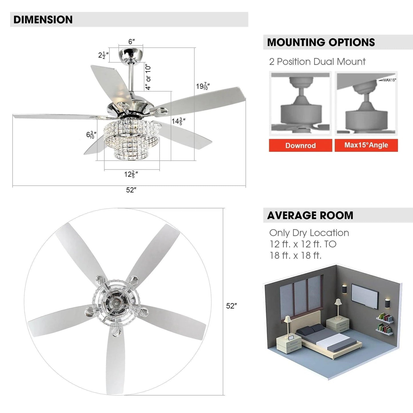 Vaczon 52 Inch Ceiling Fan with Light & Remote - Farmhouse Caged Fandelier, Crystal Mosaic Style Ceiling Fan with 6 Speeds,Reversible