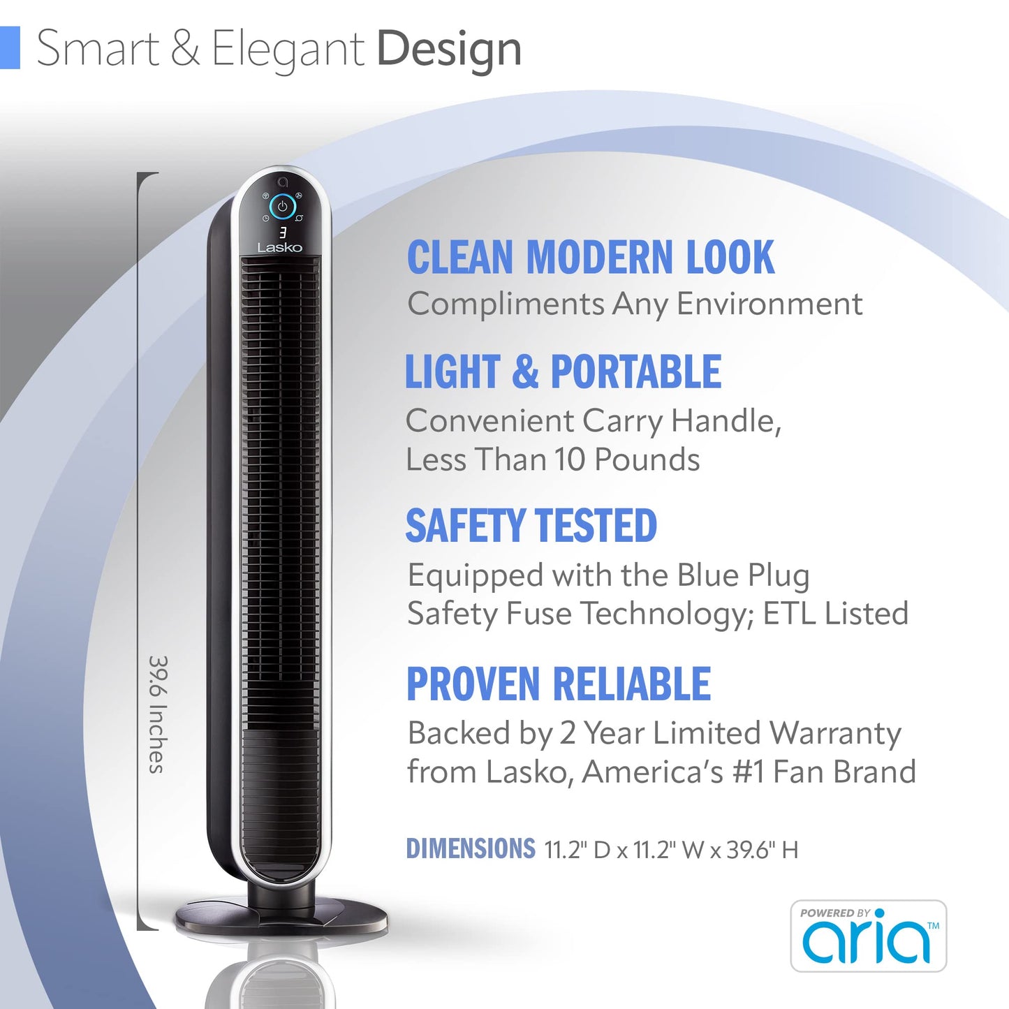 Lasko Aria™ T40733 40" 5-Speed WiFi Smart Tower Fan with Dark Mode: black