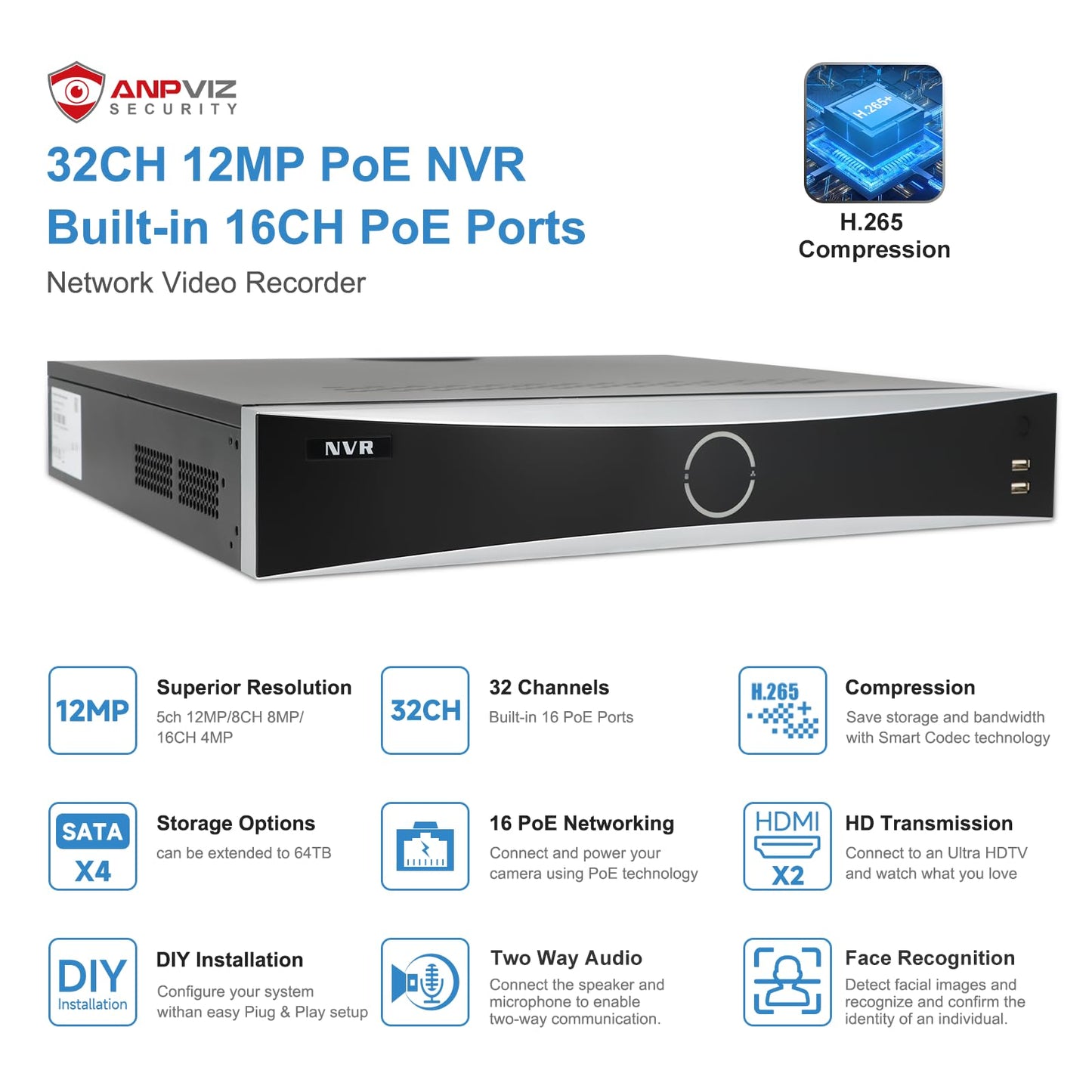 Anpviz 32 Channel 12MP PoE NVR with 16 PoE Ports & 2 HDMI - Supports 32x12MP IP Camera, 4 SATA up to 64TB, Facial Recognition & VCA, 32CH Network