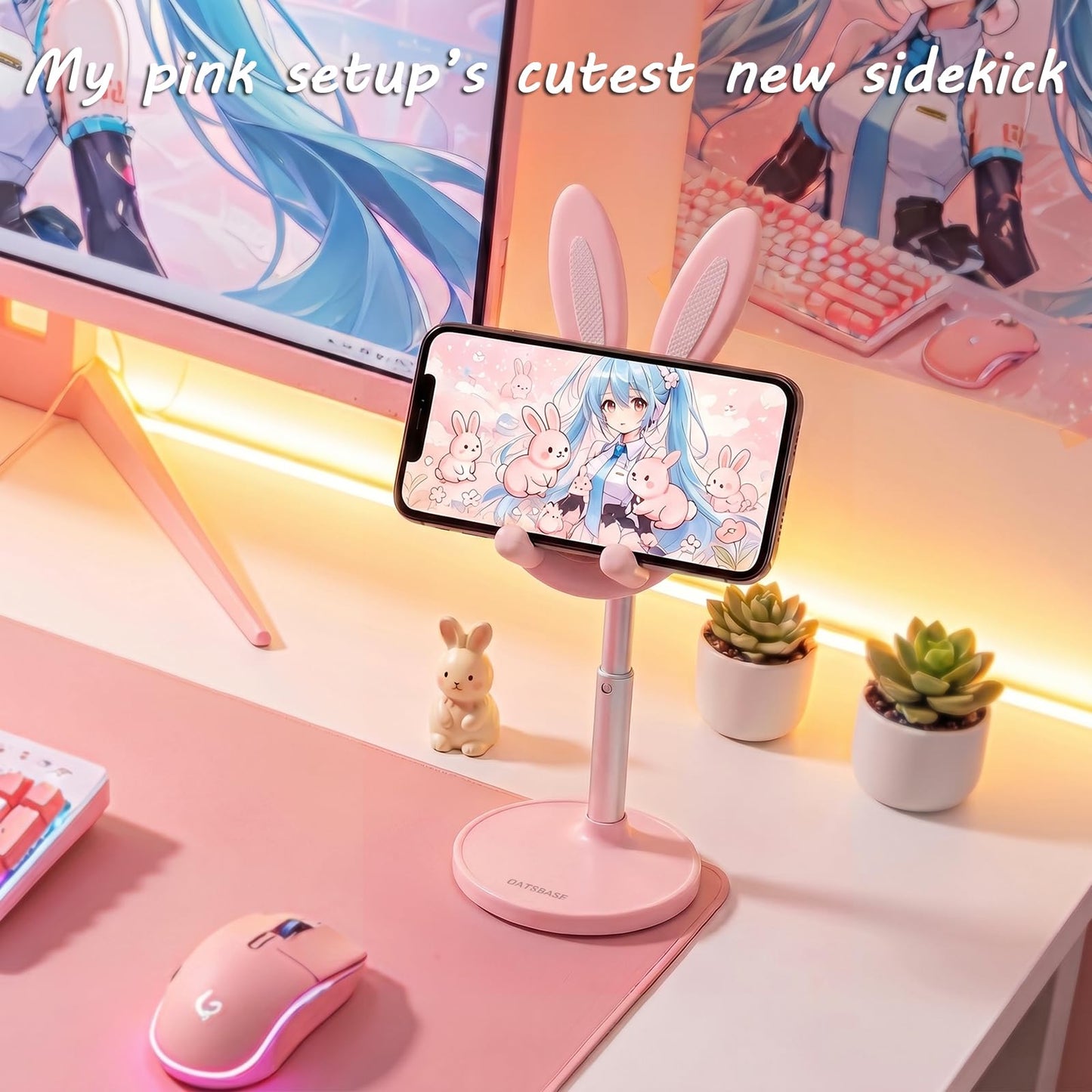 OATSBASF Cute Bunny Phone Stand, Adjustable Pink Cell Phone Holder for Desk, Weighted Base Kawaii Desk Accessories, Aesthetic Room Decor Gift