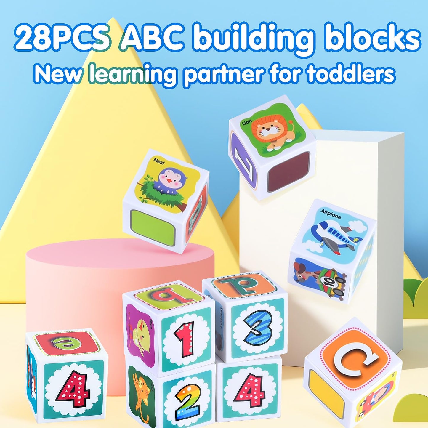 PLAY ABC 28pcs Toddler Building Blocks – Plastic Alphabet & Number Stacking Set, Montessori Preschool Learning Toys for Kids Ages 1-3