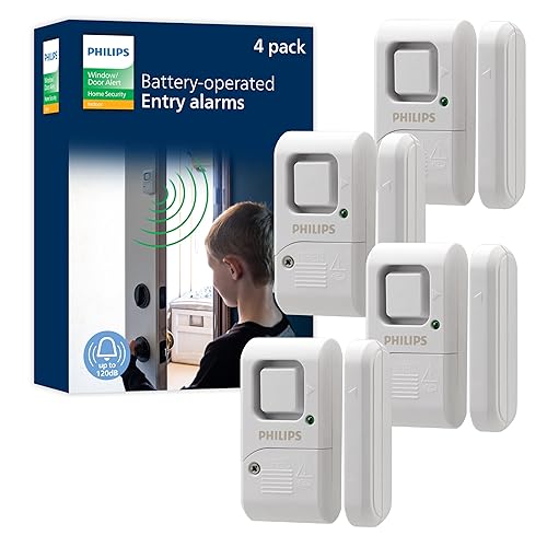 Philips Personal Security Window and Door Alarm, 4 Pack, DIY Protection, Burglar Alert, Wireless, Chime/Alarm, Easy Installation, Ideal for Home