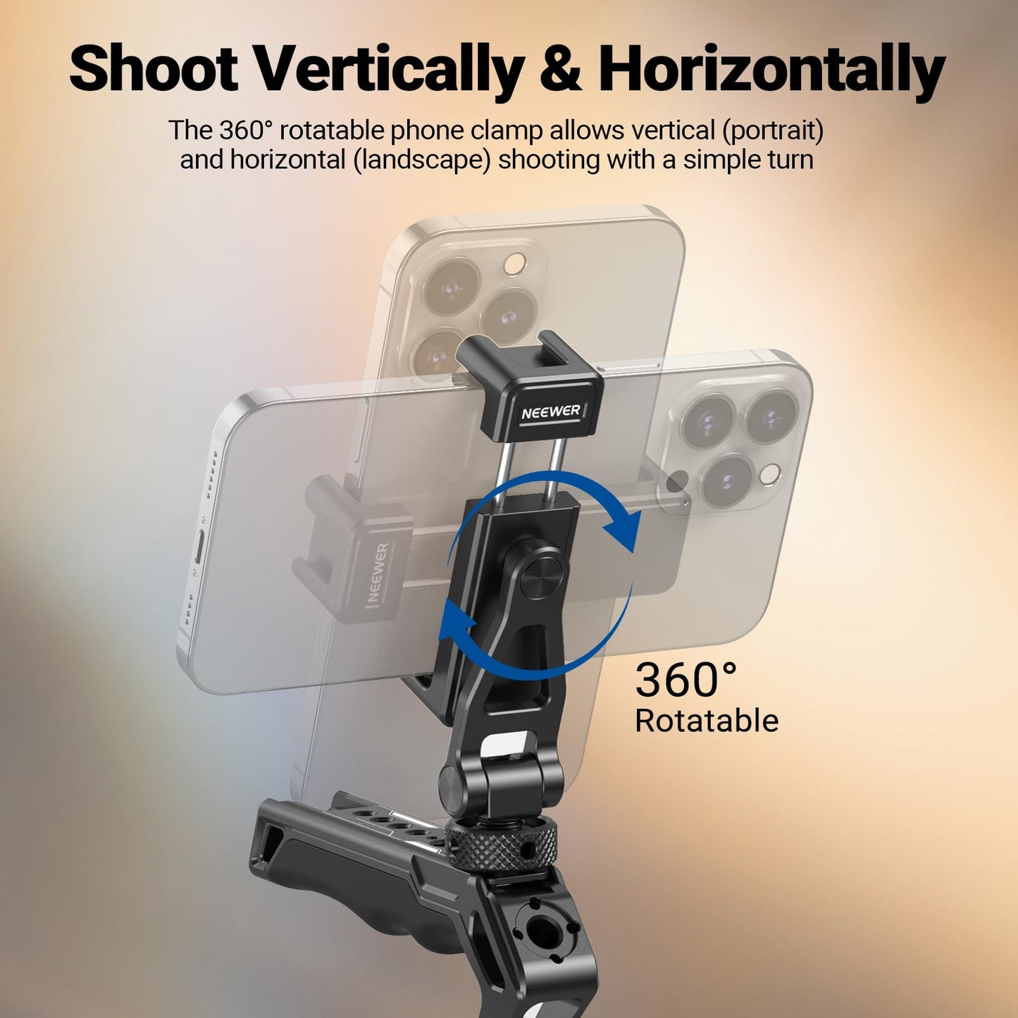 NEEWER Metal Phone Tripod Mount with Cold Shoes, 1/4" Thread, 180° Tilt, 360° Rotation, Adjustable Phone Clamp Holder Compatible with iPhone 17 Pro