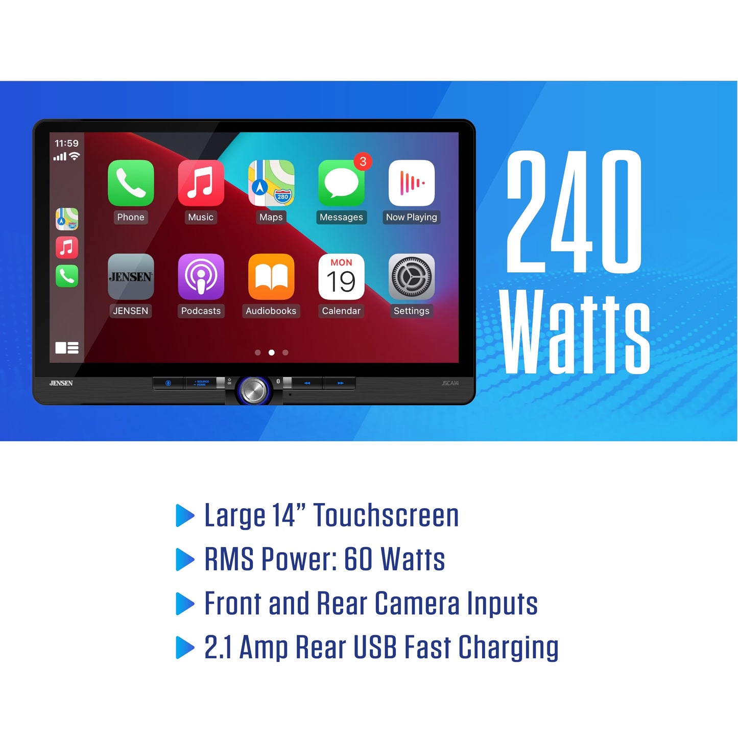 JENSEN J5CA14 14-inch Certified Apple CarPlay Android Auto Wired or Wireless | Maestro & Metra Axxess Ready | Single & Double DIN Car Stereo |
