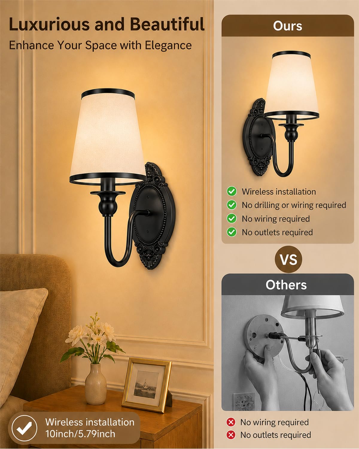 Battery Operated Wall Sconce Set of 2, Wall Sconces Set of Two with 3 Color Temperatures, 12 RGB Colors, 10%-100% Dimmable, Wireless Wall Lights