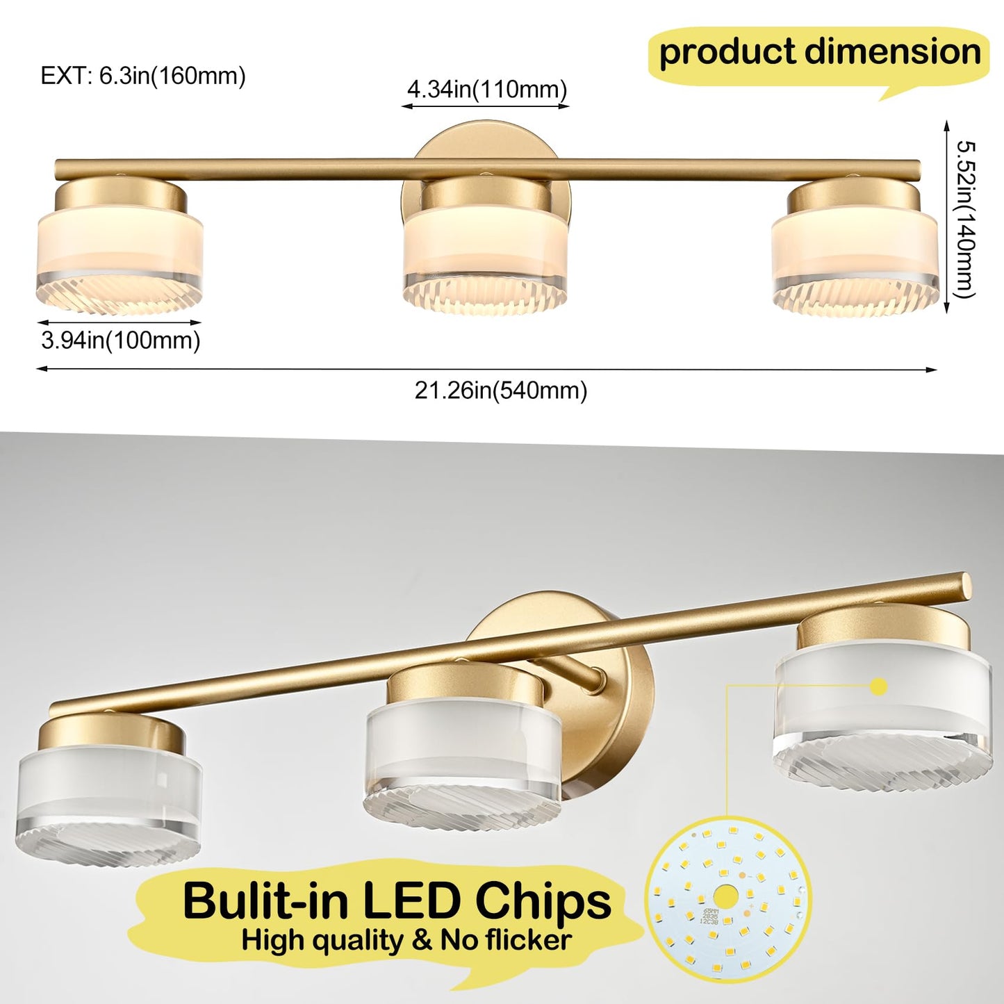 DAYCENT 3-Light Gold LED Bathroom Vanity Light Fixtures 21-Inch Modern Acrylic Bathroom Wall Lighting Over Mirror Wall Sconces, 2700K - Warm White
