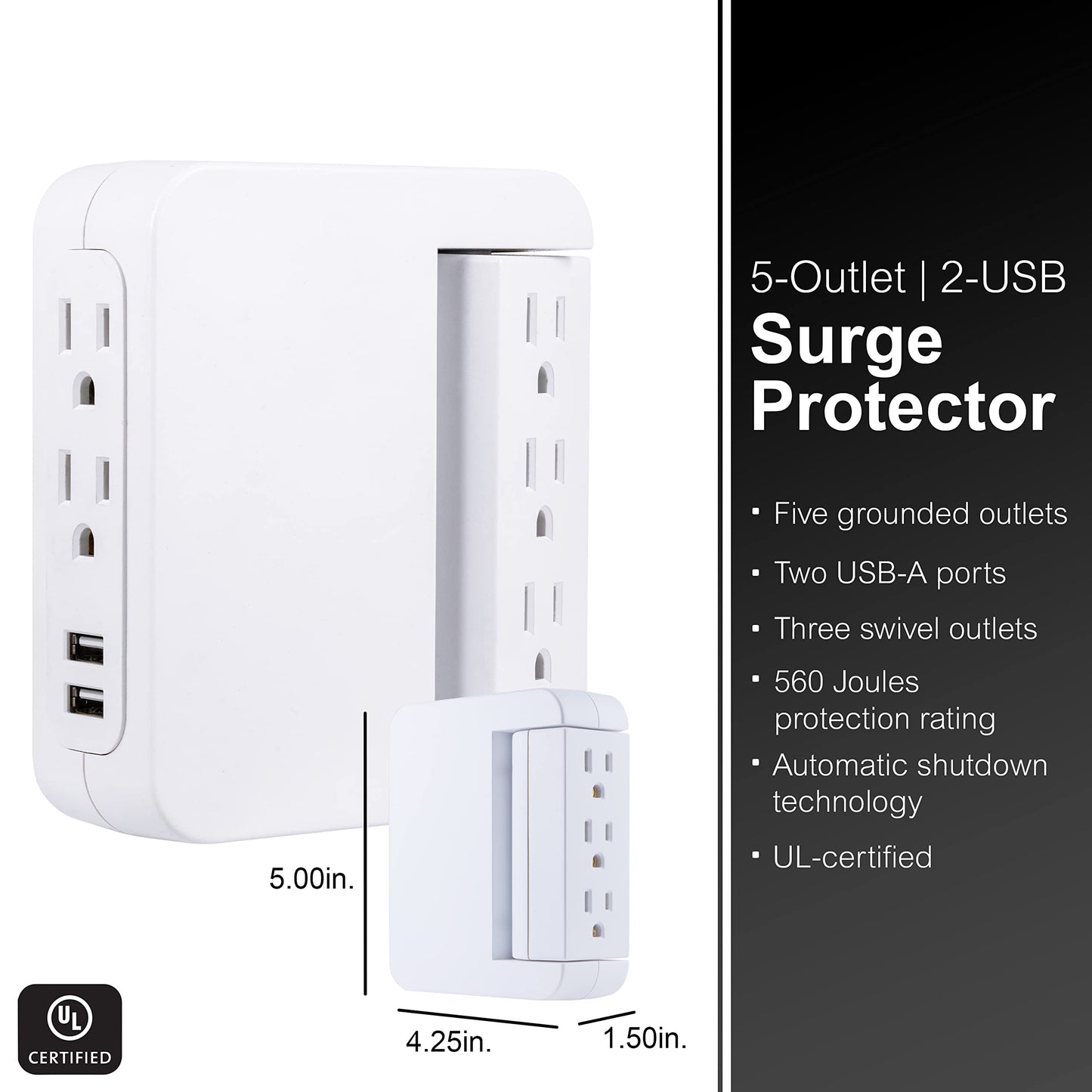 GE Pro Side-Access Swivel Surge Protector, 5-Outlet Extender with 2 USB Ports, Wall Tap Adapter, Charging Station, 3-Prong, 560 Joules, 2.4 AMP/12
