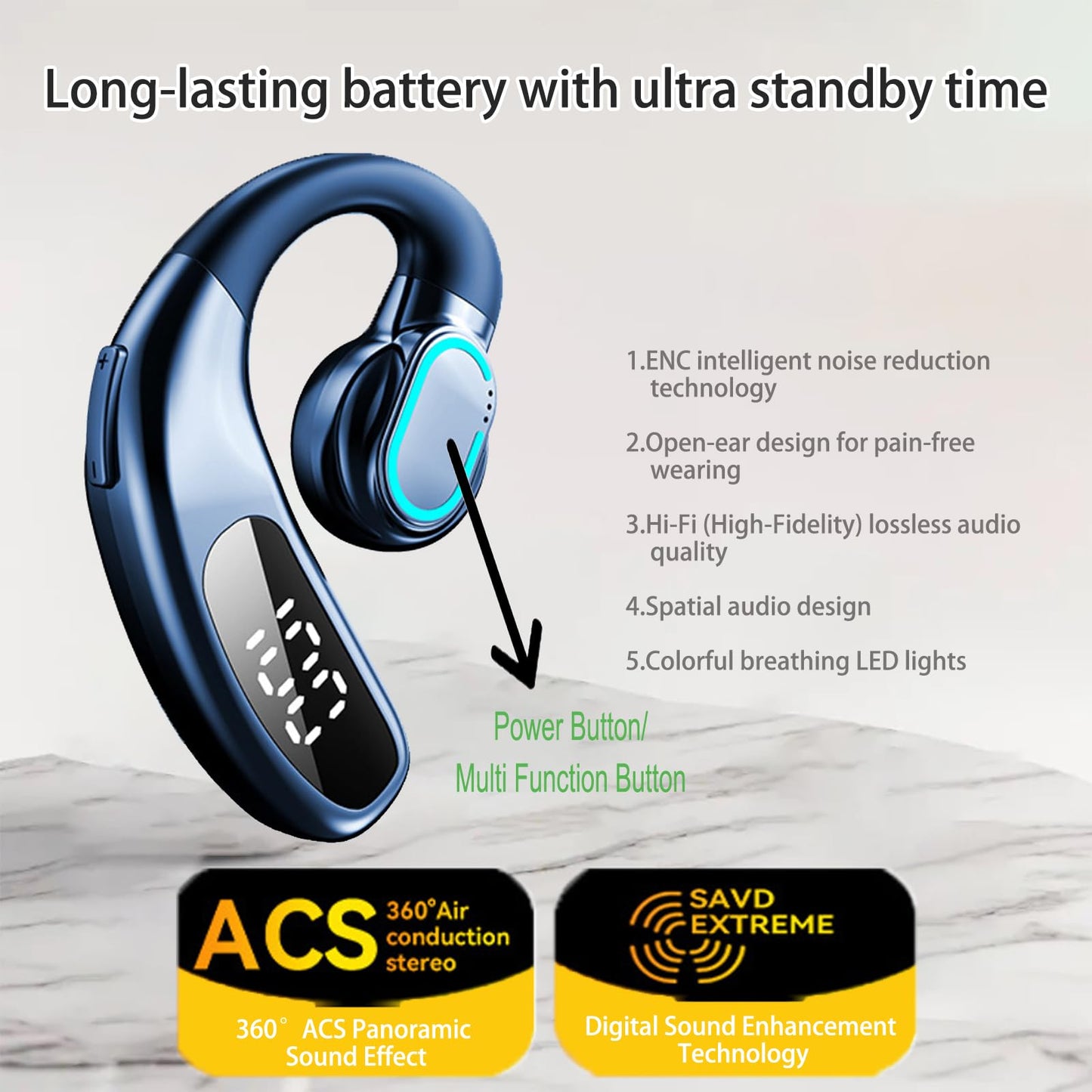 DHBY Single Ear Bluetooth Headset, Bluetooth 5.5, DIT Audio, Noise Cancellation, LED Power Display, 360° Sound, Lightweight, F80 Blue.