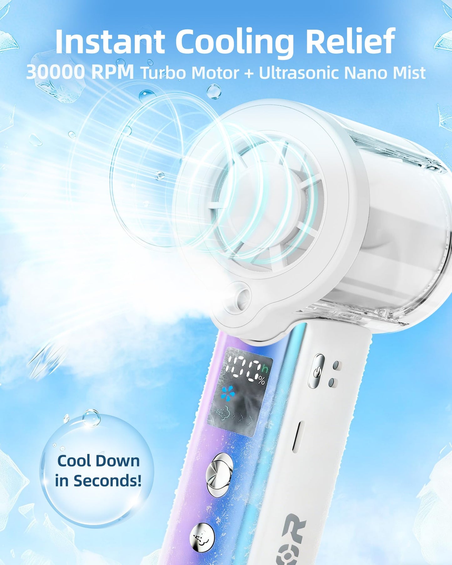 Carehabi Handheld Fan with Water Cooling, 30,000 RPM Mini Fan Battery 3000 mAh, 1-100 Levels Portable Fan Small with LED Display, Quiet USB Fan Hand