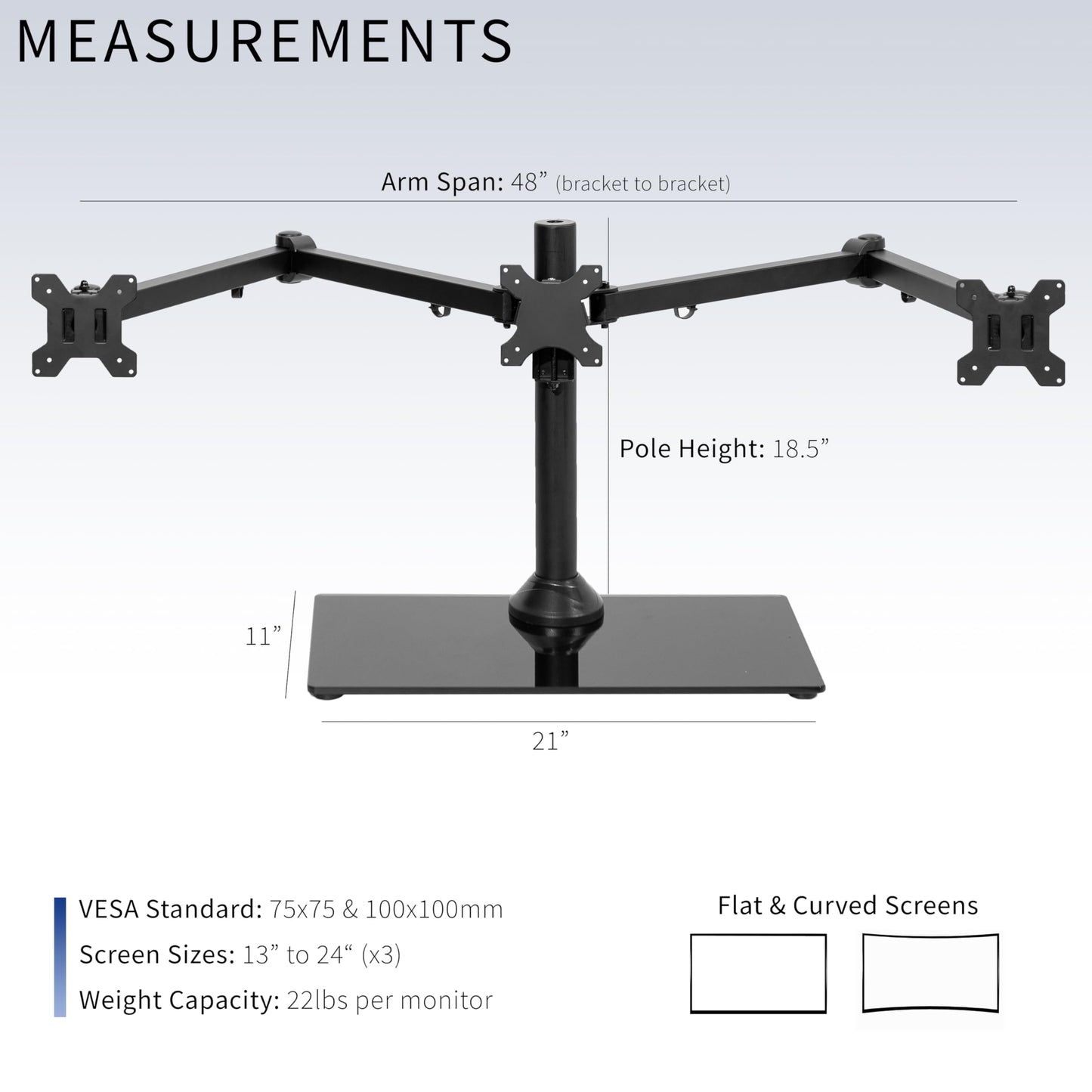 VIVO Black Triple Monitor Mount Freestanding Desk Stand with Glass Base, Heavy Duty Fully Adjustable Stand for 3 Screens up to 24 inches STAND-V003FG