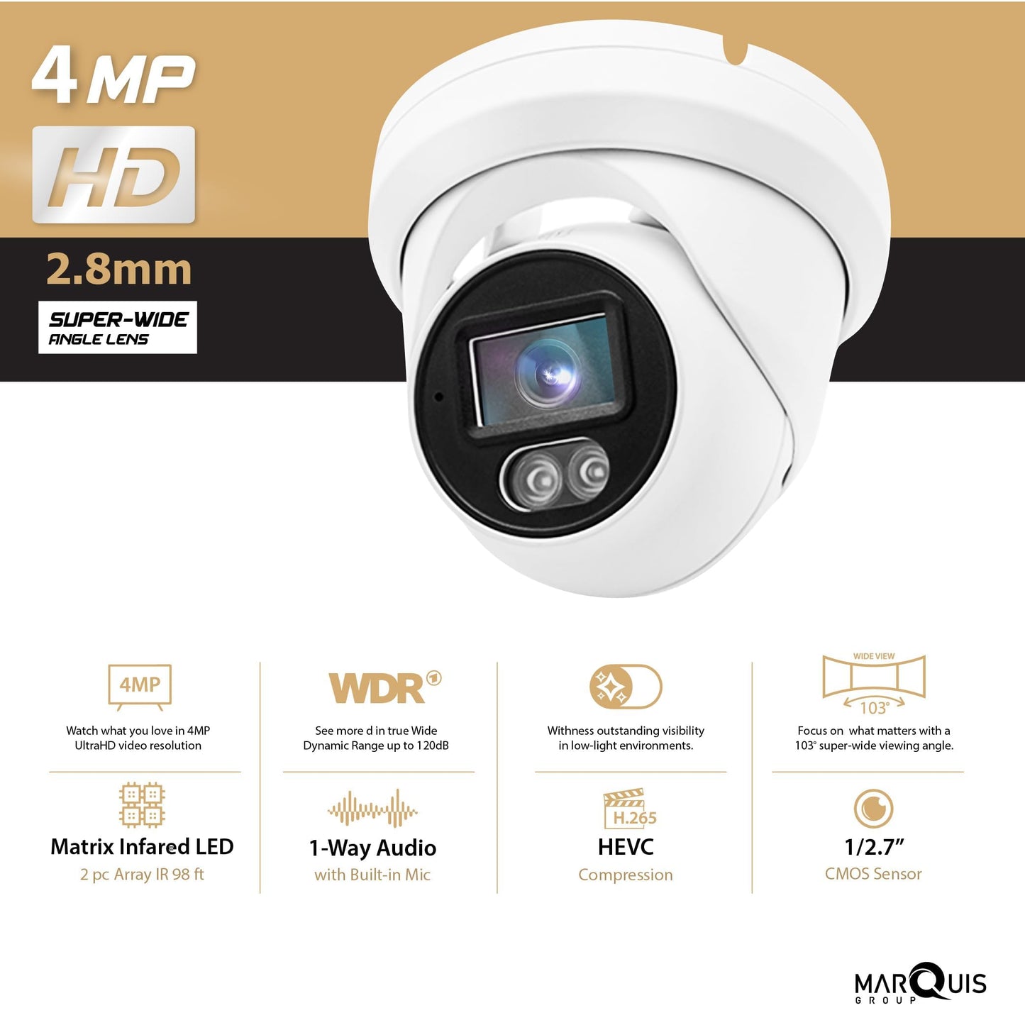 Marquis 4MP PoE IP Turret Dome Camera with Microphone/Audio, IP Security Camera Outdoor Rated, Waterproof IP66, 108° Wide Angle 2.8mm Lens (Regular