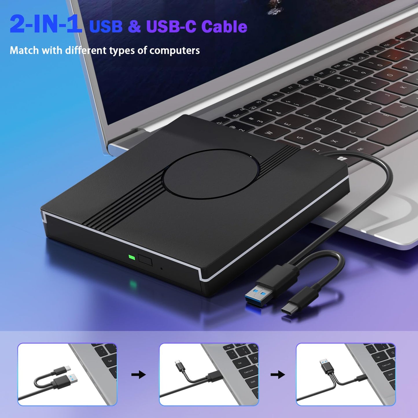 Wbacon RGB External CD/DVD Drive for Laptop, External CD Drive USB 3.0 Type-C Portable DVD Player, CD Burner +/-RW Optical Drive, Slim CD ROM External