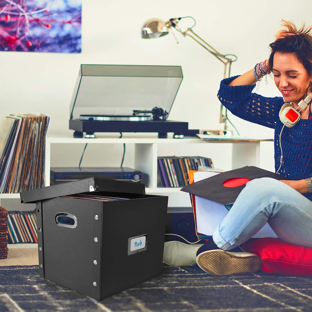 Snap-N-Store Vinyl Record Storage Box - Pack of 1-13.2 x 12.625 x 12.5 Inch LP Holder with Lid & Guides for 12-inch Records - Crate Holds up to 75