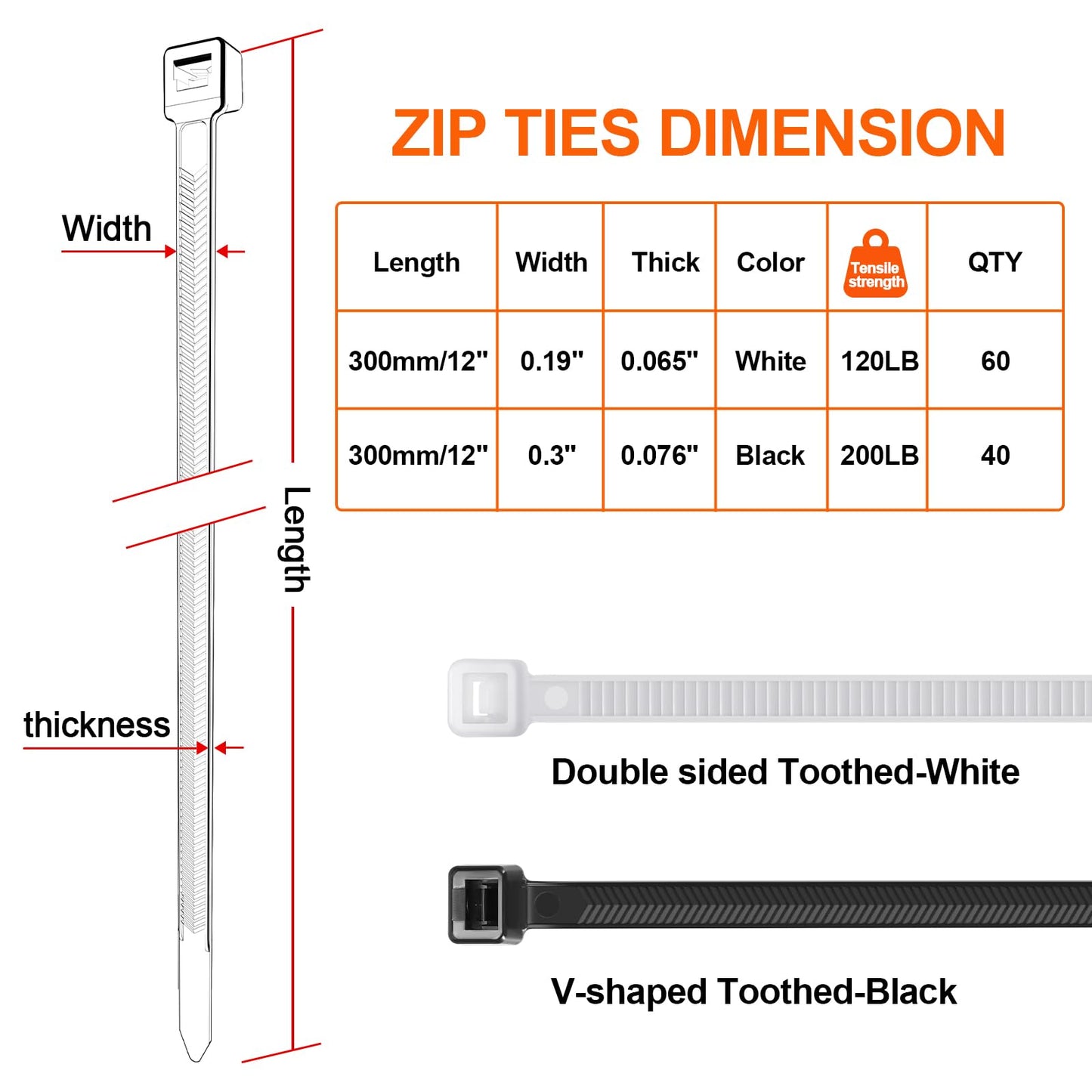 Zip Ties Heavy Duty 12+12 inch,V-Shaped Toothed Double Sided With 200 LBS Tensile Strength Cable Ties ?Extra Large Wire Ties Adjustable Nylon Tie