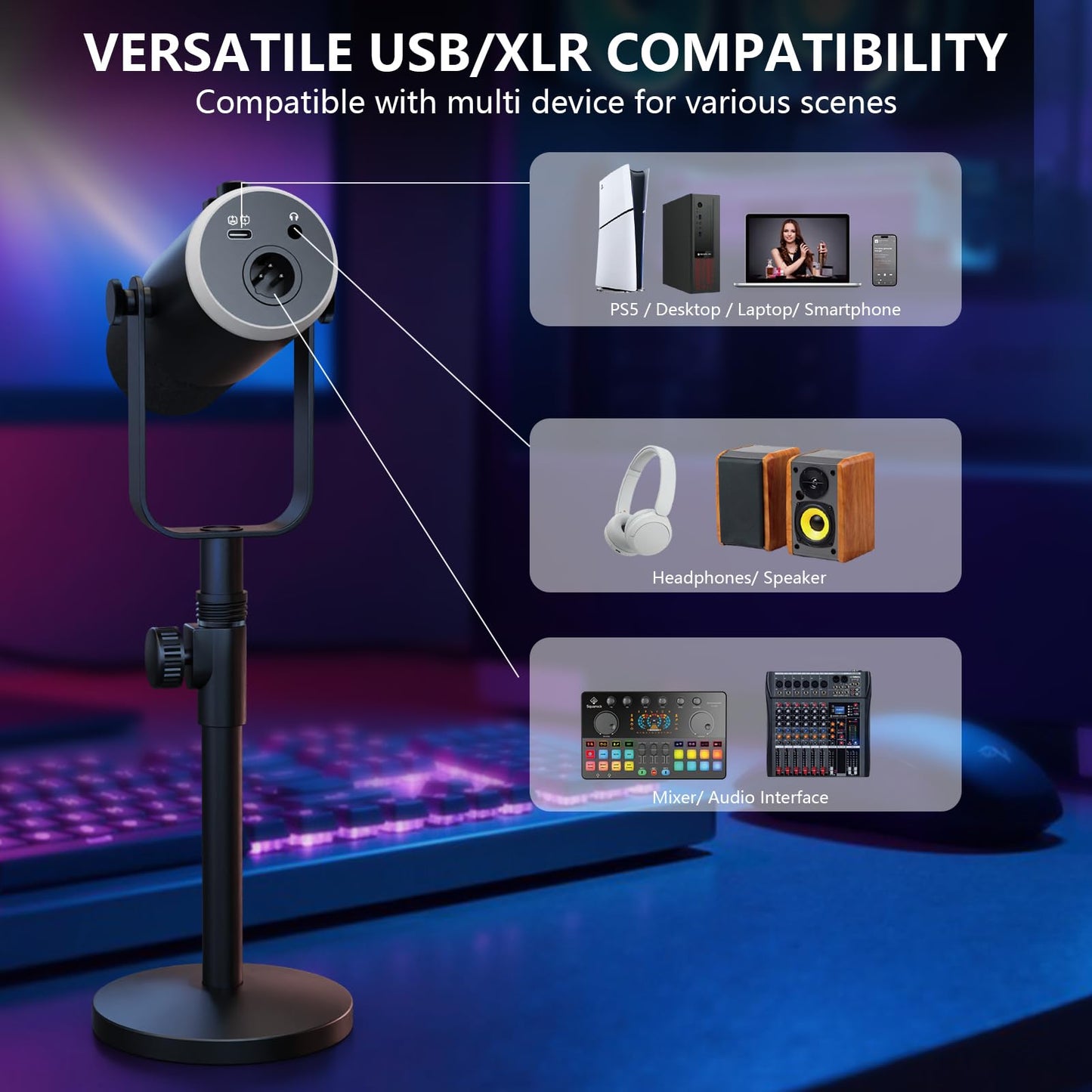 SquarockTek USB/XLR Dynamic Podcast Microphone with RGB Lighting, PC Gaming Streaming Mic with Mute Button, Headphone Jack and Desktop Stand TX2