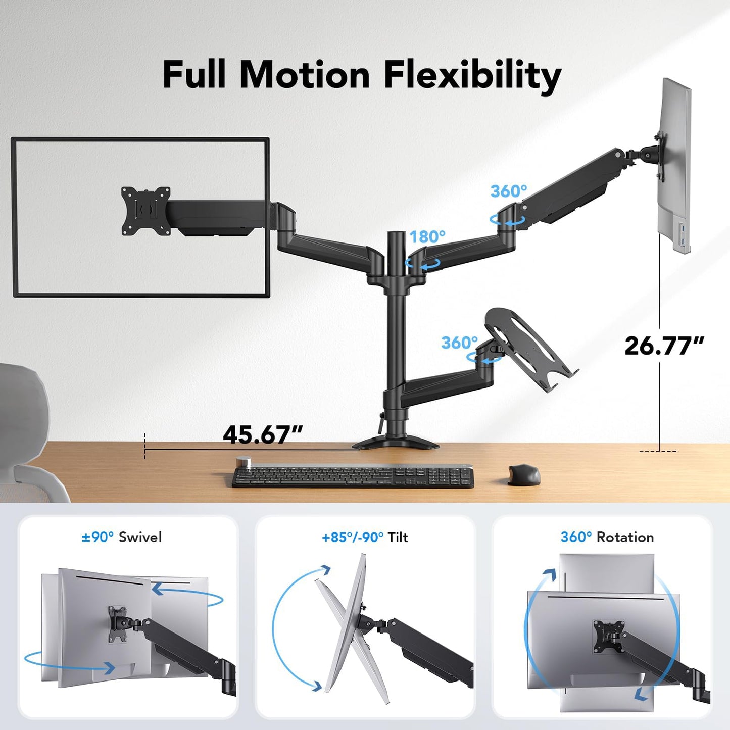 HUANUO Dual Monitor and Laptop Mount for Max 32” Monitor and 17” Laptop, Adjustable Arm with Tilt, Swivel and Rotation, Dual Monitor and Notebook