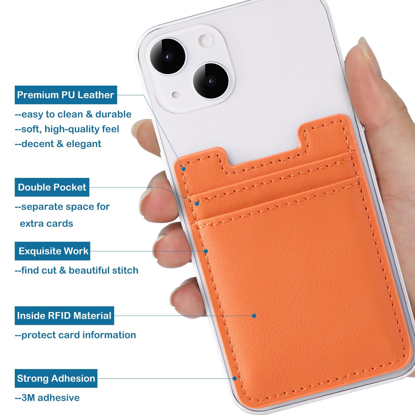 Fulgamo 2Pack Phone Wallet,Leather Phone Card Holder Adhesive Stick On Credit Card Pocket for Back of Phone Case iPhone and Android-Orange,Red