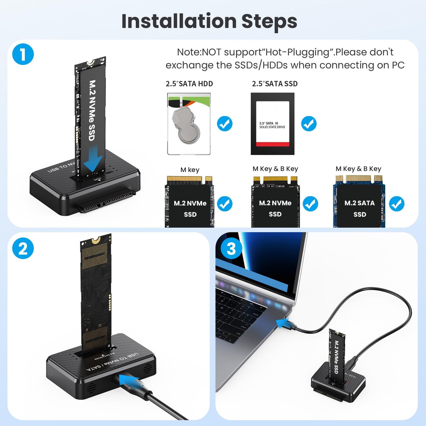 M2 NVMe SATA SSD Enclosure Hard Drive Reader USB 3.2 Gen 2 10Gbps External SSD Reader for 2.5" HDD SSD M.2 NVMe SATA (M Key&M+B Key),Support Sizes