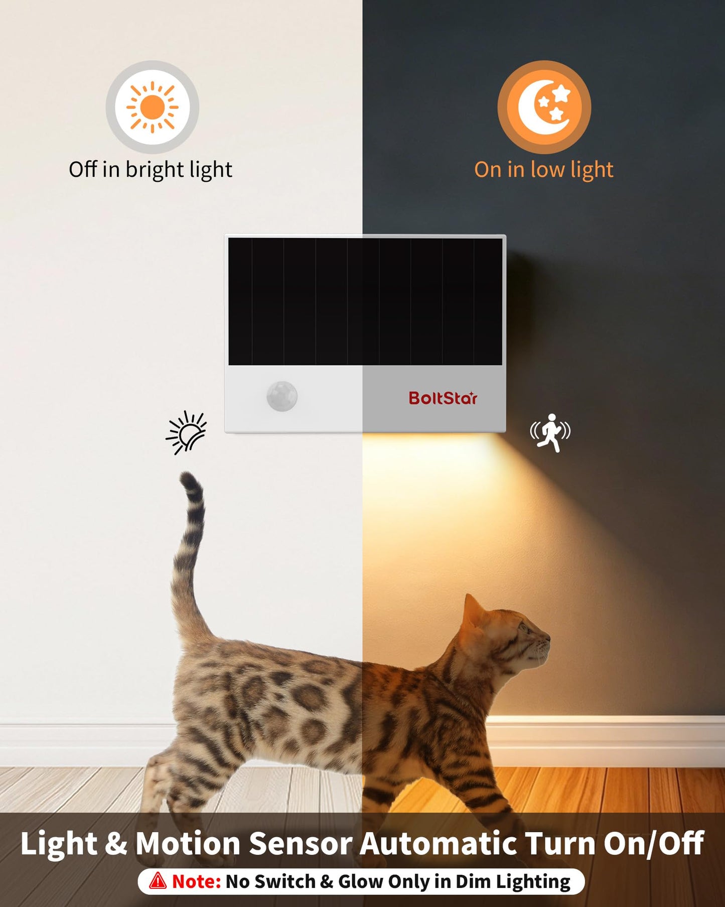 BoltStar Motion Sensor Night Light, Solar Night Light Indoor No Outlet Needed, Magnetic Wall Mount or Tabletop, 3000K Soft Warm Light for Bedroom