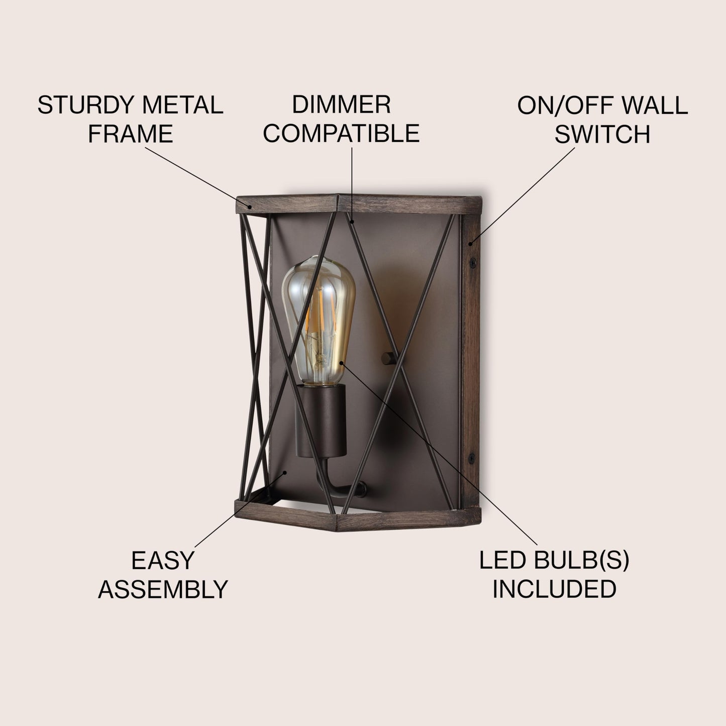 JONATHAN Y 8.25" Wood Finished/Oil Rubbed Bronze 1-Light Iron Sconce, Rustic Farmhouse X-Frame Wall Lantern for Entryway Hallway, Modern Industrial
