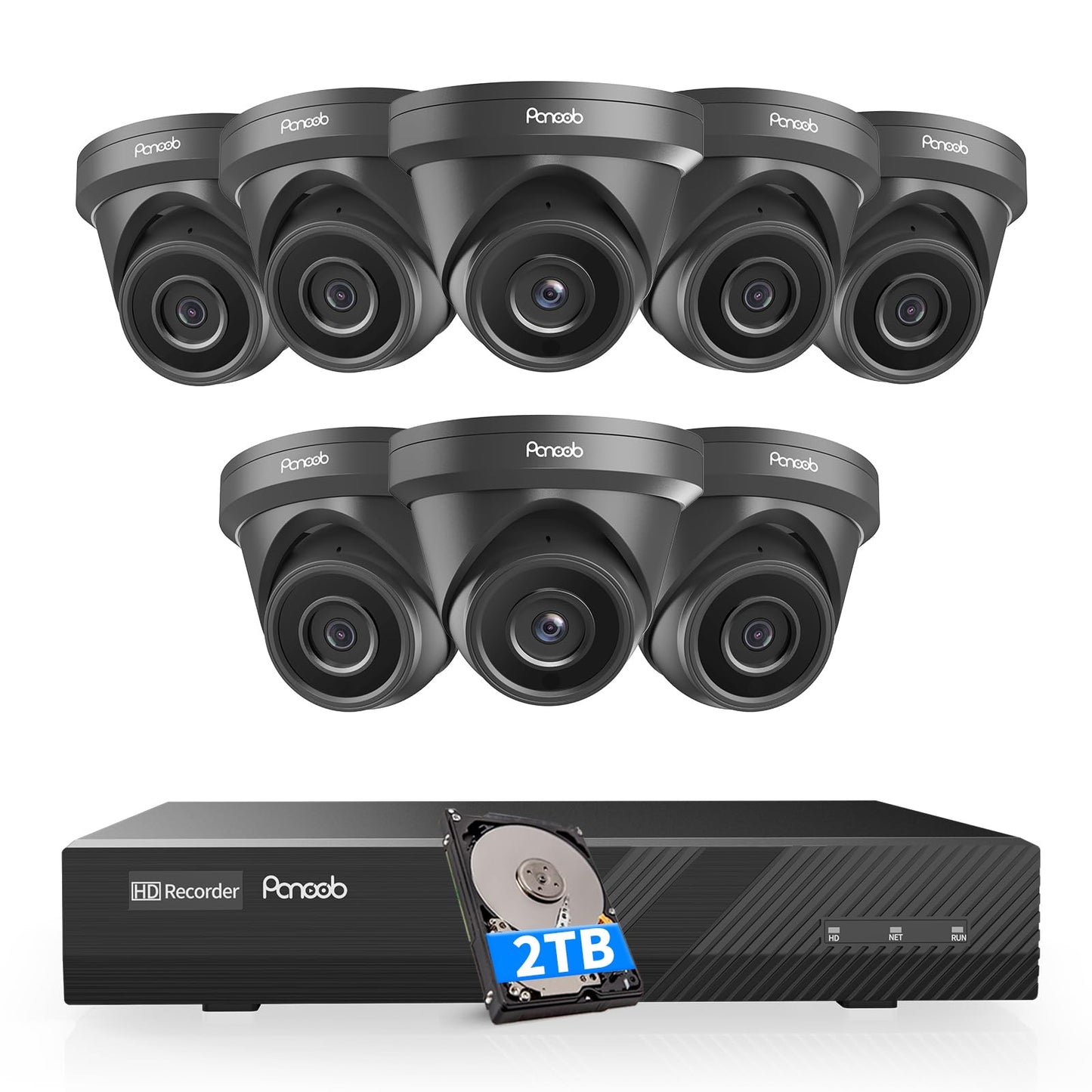 PANOOB 8 Channel Security Camera System PoE, 8X Wired IP Dome Turret PoE Camera for Indoor Outdoor, Remote Playback 24/7 Recording, Human Detection