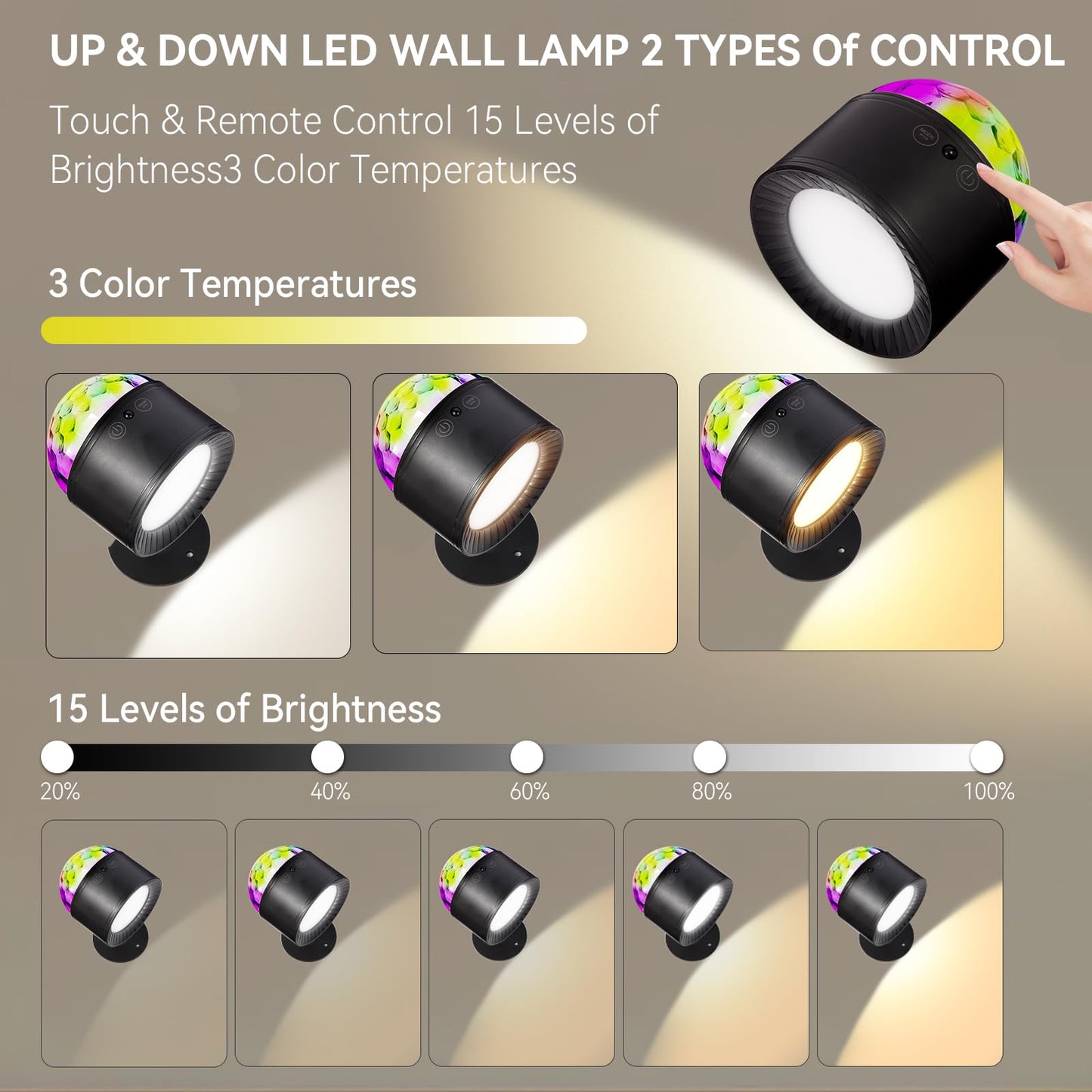 2 Pcs LED Wall Mounted Lights with Remote - Wall Sconces Lamp - 2500mAh Rechargeable Battery - 3 Color Temperatures, Dimmable, Magnetic 360° Rotation