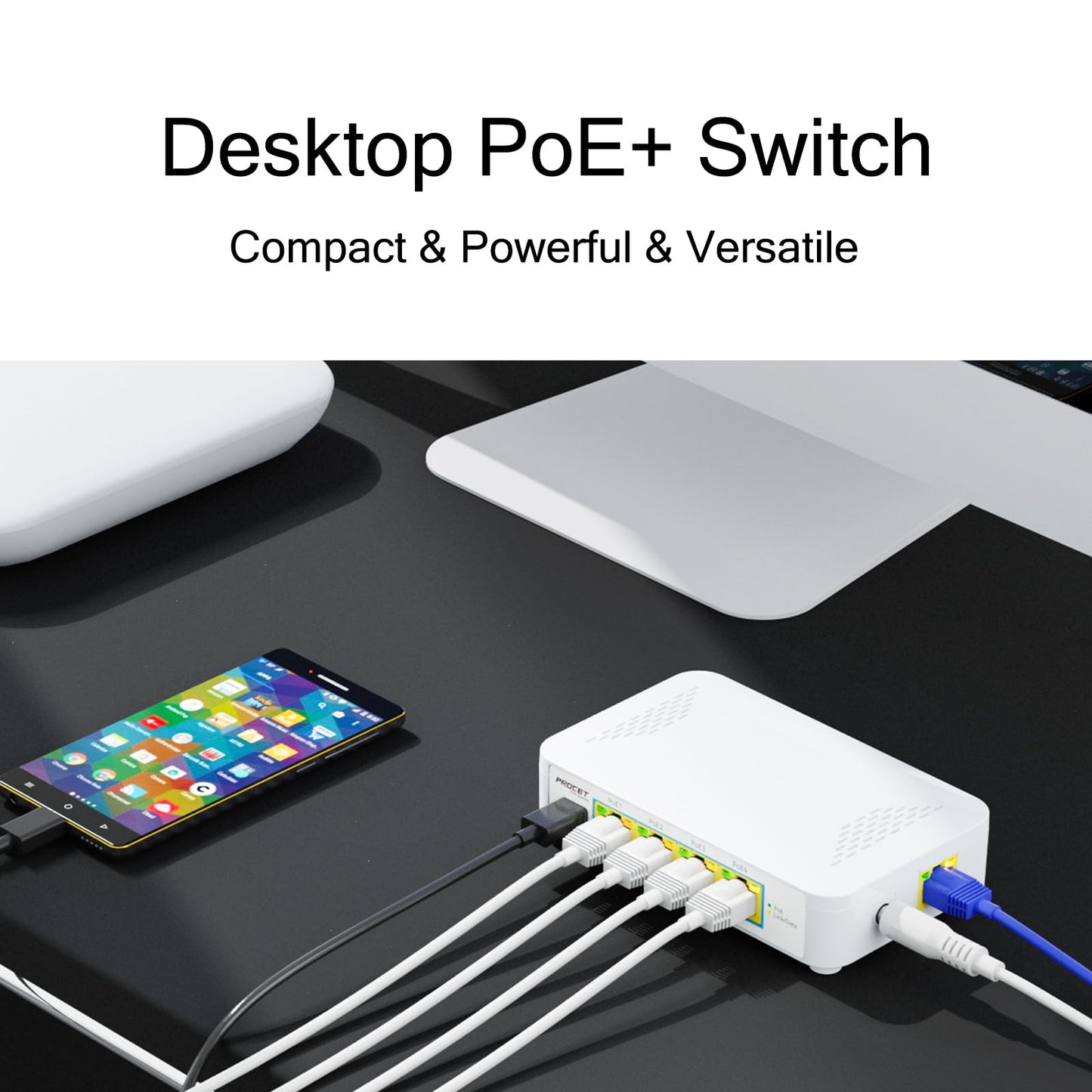 EN-S4P1C 5 Port PoE Switch - 4 PoE+ Ports & 1 USB-C, Unmanaged Network Switch
