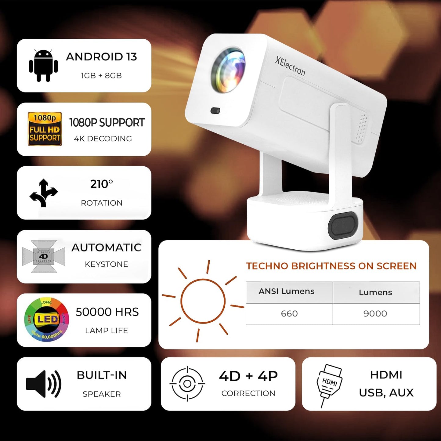 XElectron Techno Android 13 Smart Projector, 1080P & 4K Support, Loud Speaker, Rotatable Design, Digital Focus, Auto Keystone with Netflix, YouTube